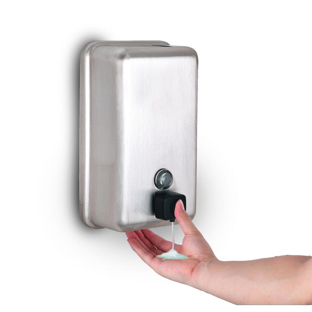 Alpine Industries Manual Surface-Mounted Stainless Steel Liquid Soap Dispenser, 40 oz Capacity, Vertical