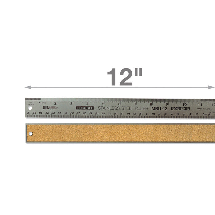 Ruler, Stainless Steel Metal w/Cork Backing, 12" Flexible, Metric and Conventional Markings