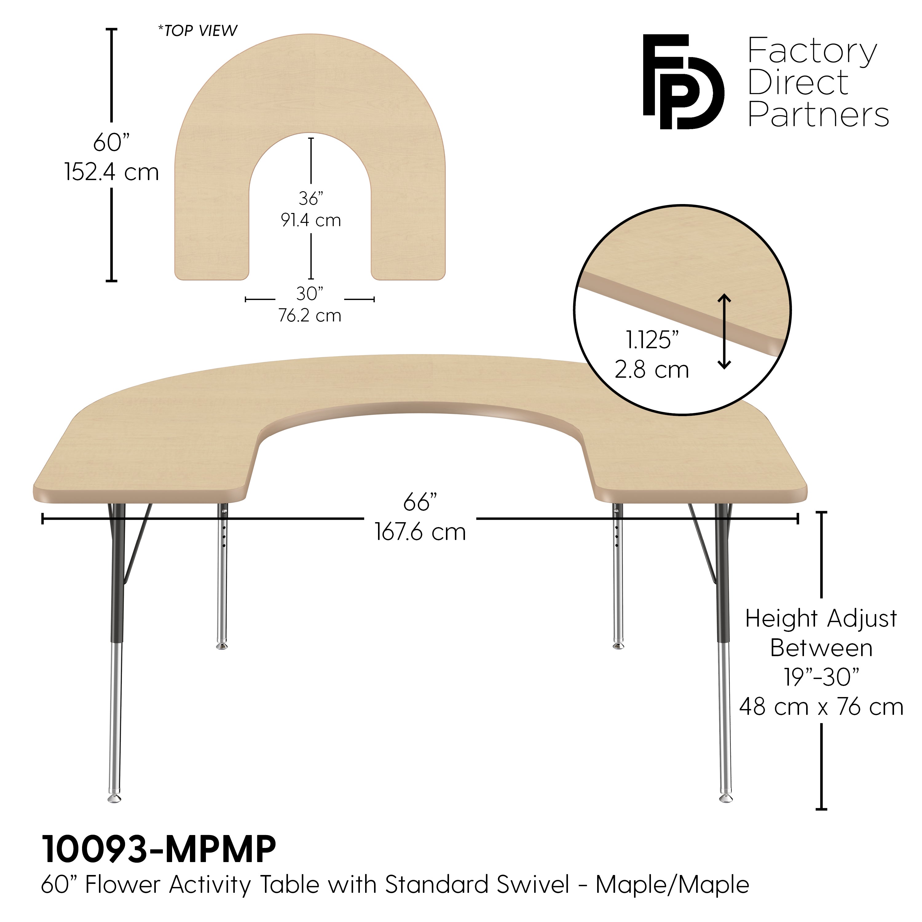 60" x 66" Horseshoe T-Molding Activity Table with Adjustable Standard Swivel Glide Legs - Maple/Maple/Black