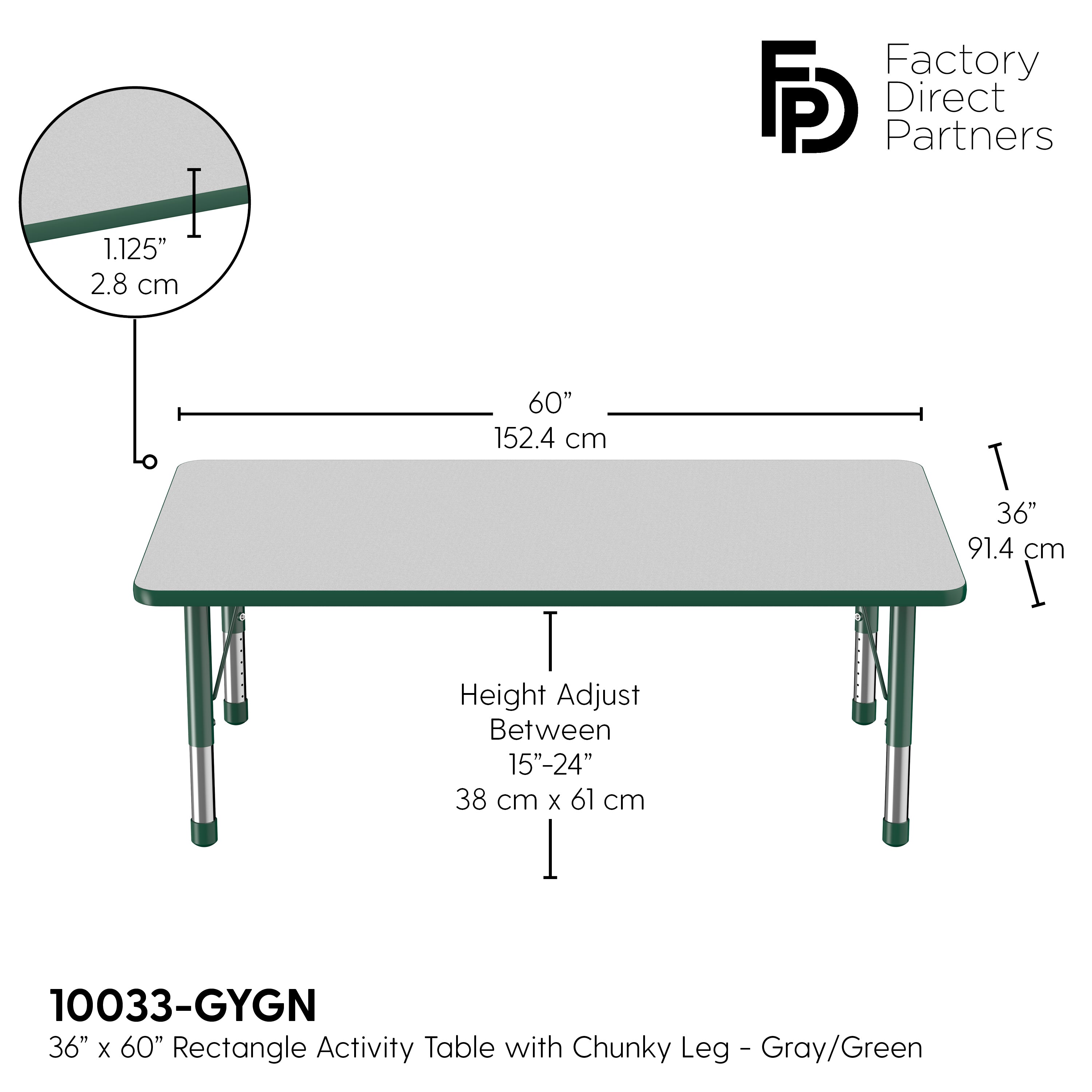 36" x 60" Rectangle T-Molding Activity Table with Adjustable Chunky Legs - Gray/Green