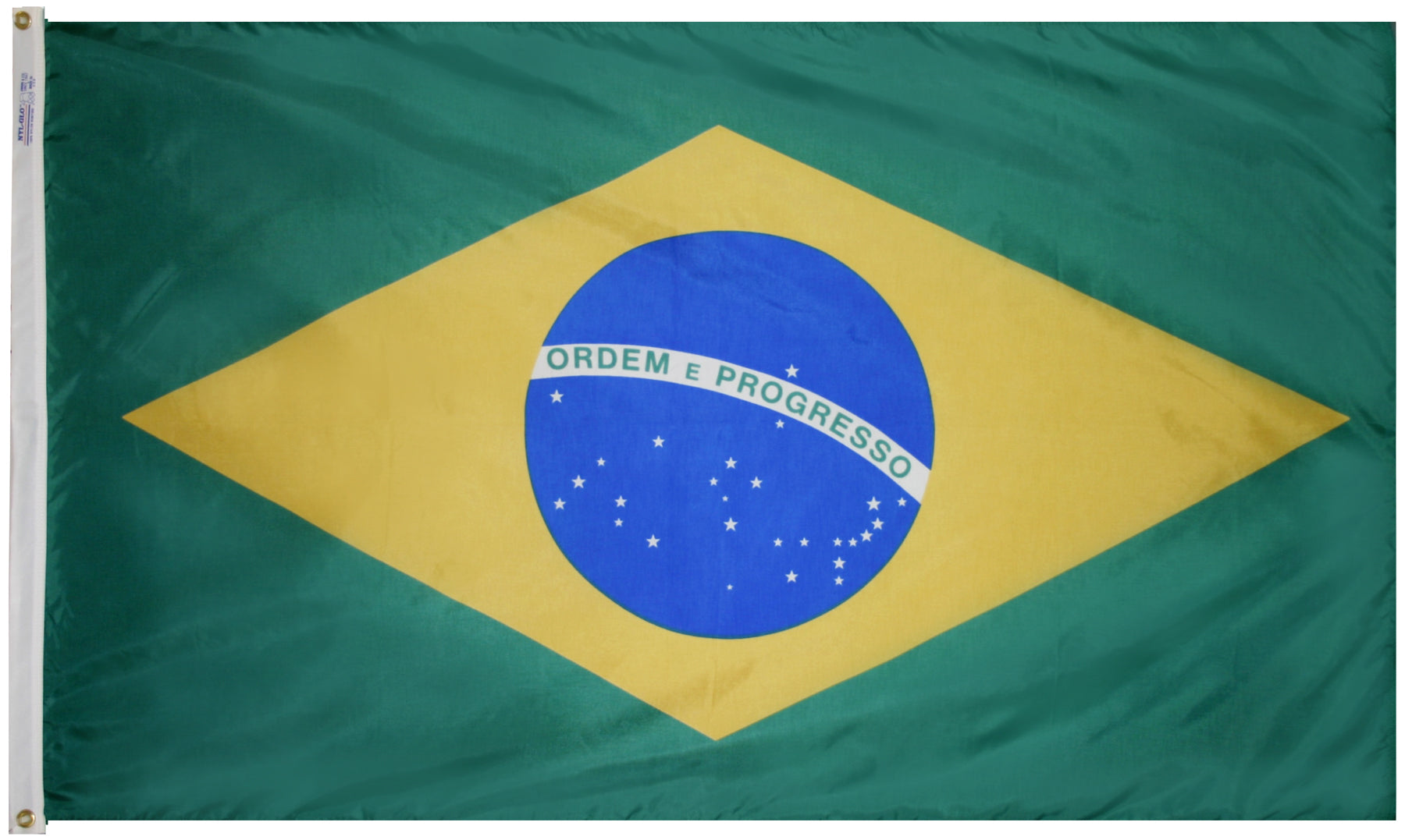 Brazil Flag 5x8 ft. Nylon SolarGuard Nyl-Glo 100% Made in USA to Official United Nations Design Specifications.