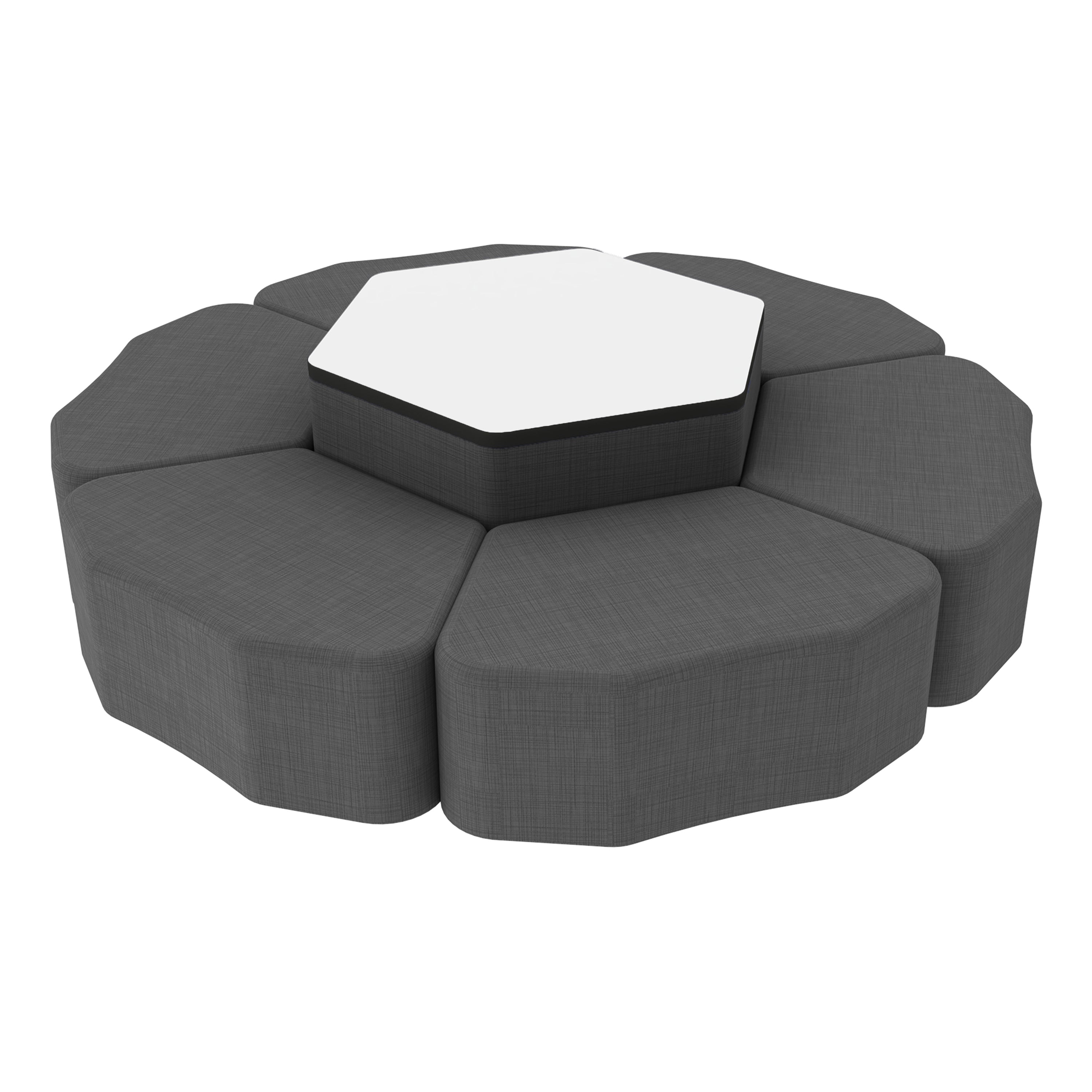 Pro Series Dry-Erase Hexagon Ottoman Table with Petal 12" H Seating, 7-Piece Set - Slate Gray Crosshatch/Whiteboard