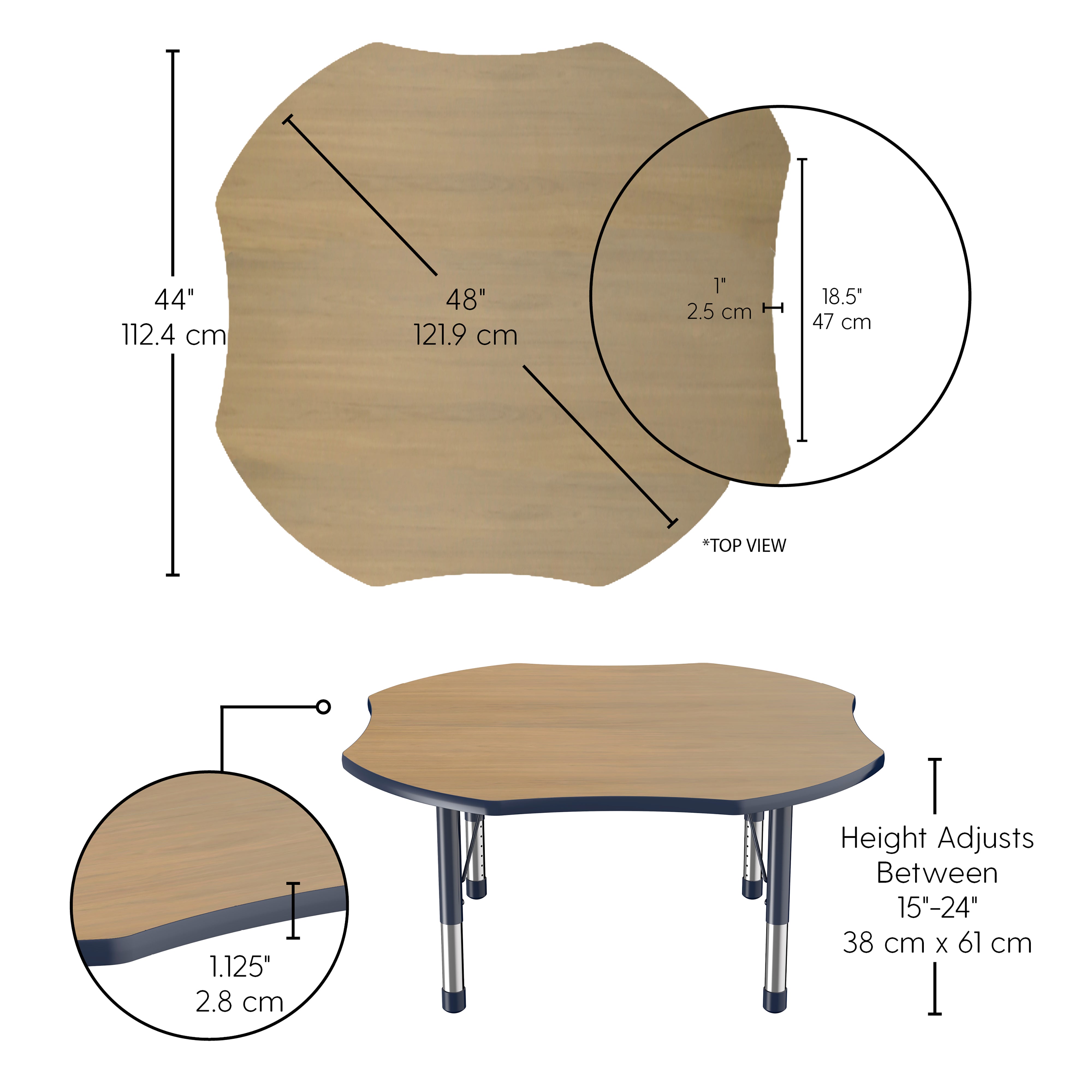 48" x 48" Clover T-Molding Activity Table with Adjustable Chunky Legs - Pasadena Oak/Navy