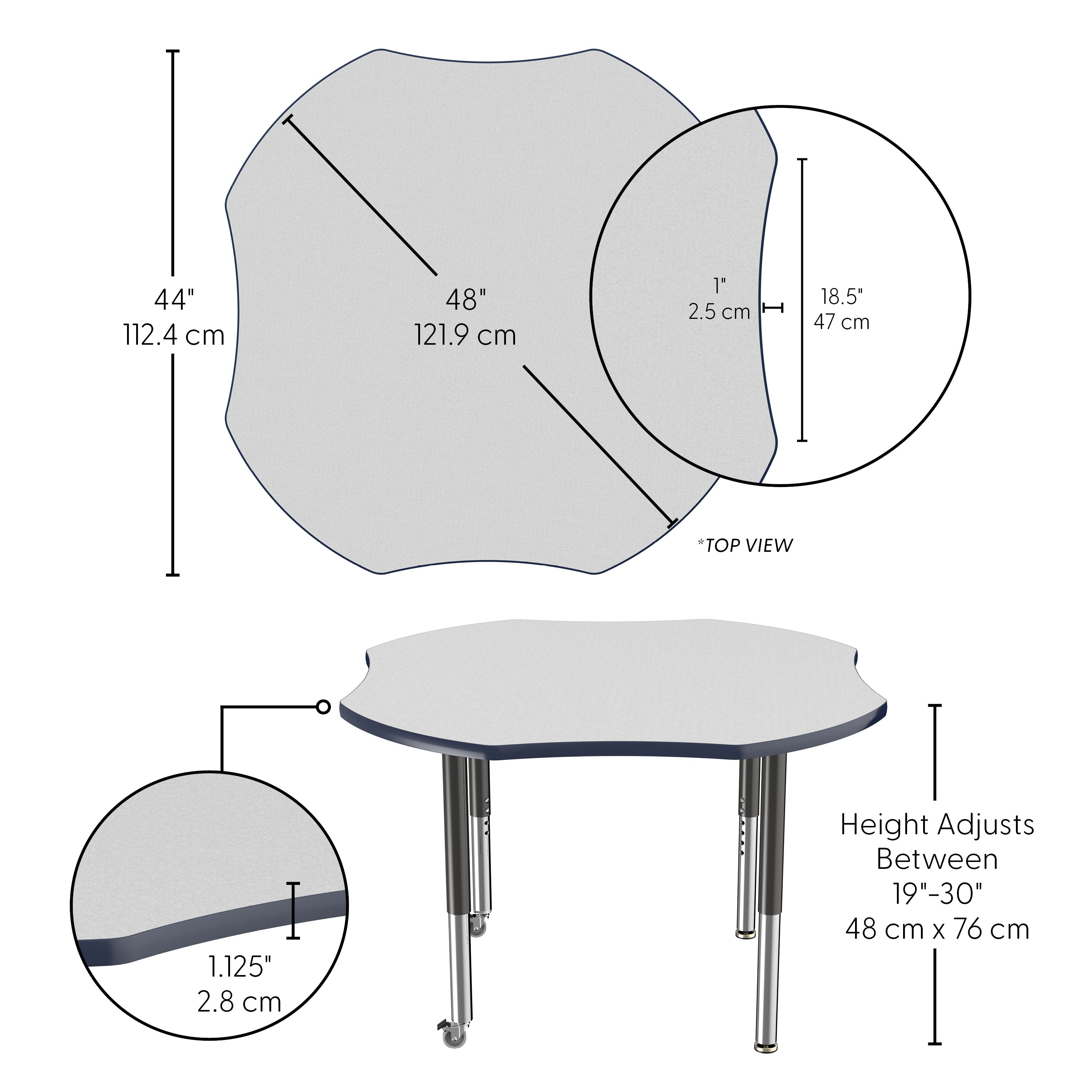 48" x 48" Clover T-Molding Activity Table with Adjustable Super Legs - Gray/Navy/Black
