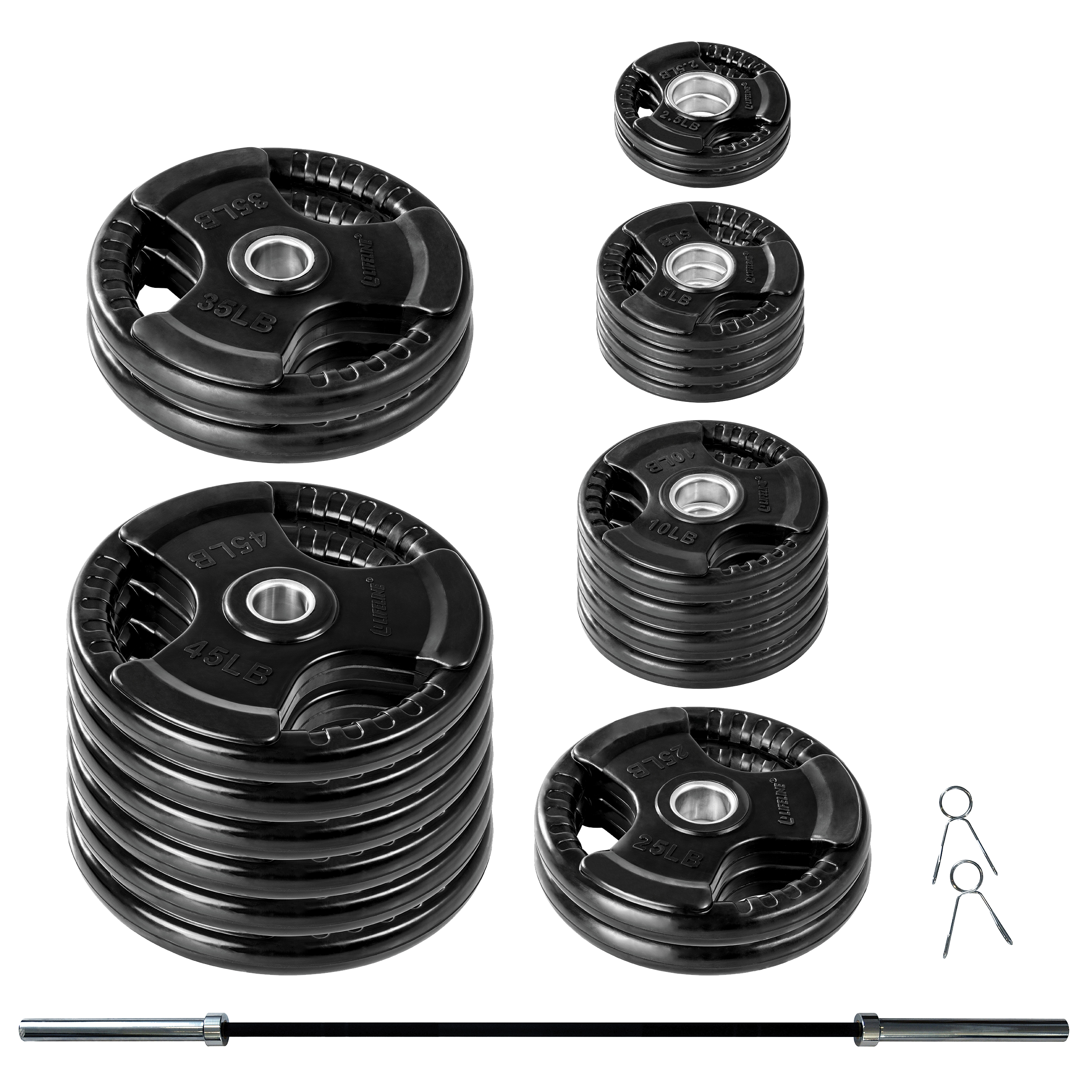 Lifeline 500Lb Pro Olympic Grip Plate (Rubber Coated) Set:  (2) 2.5Lb (4) 5Lb (4) 10Lb (2) 25Lb (2) 35Lb (6) 45Lb (1) 45Lb Olympic Bar W/(2) Collars