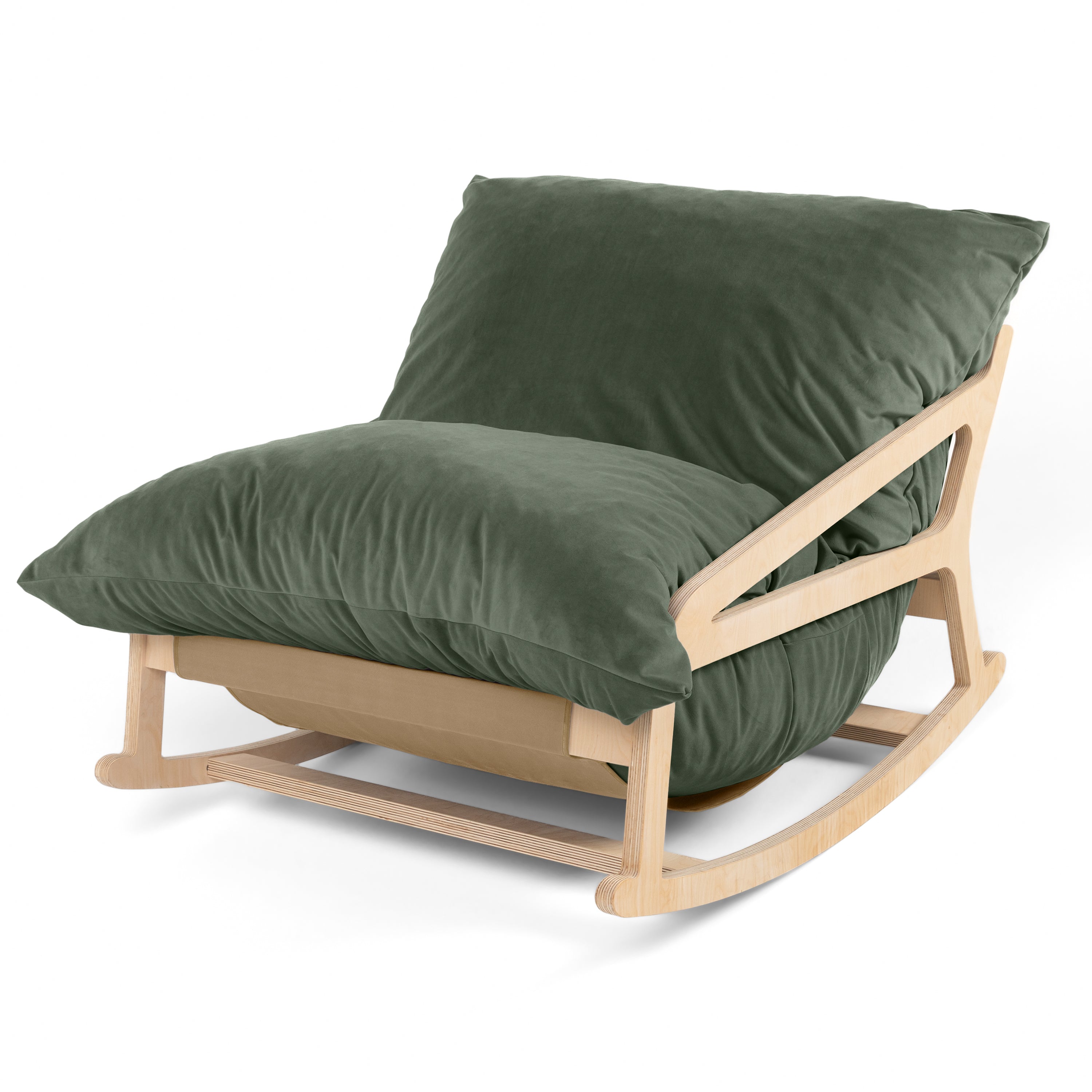 Pillow Saxx Bean Bag Rocking Chair - Elegant Oversized Rocker with Modern Wood Frame, Lush Velvet Green