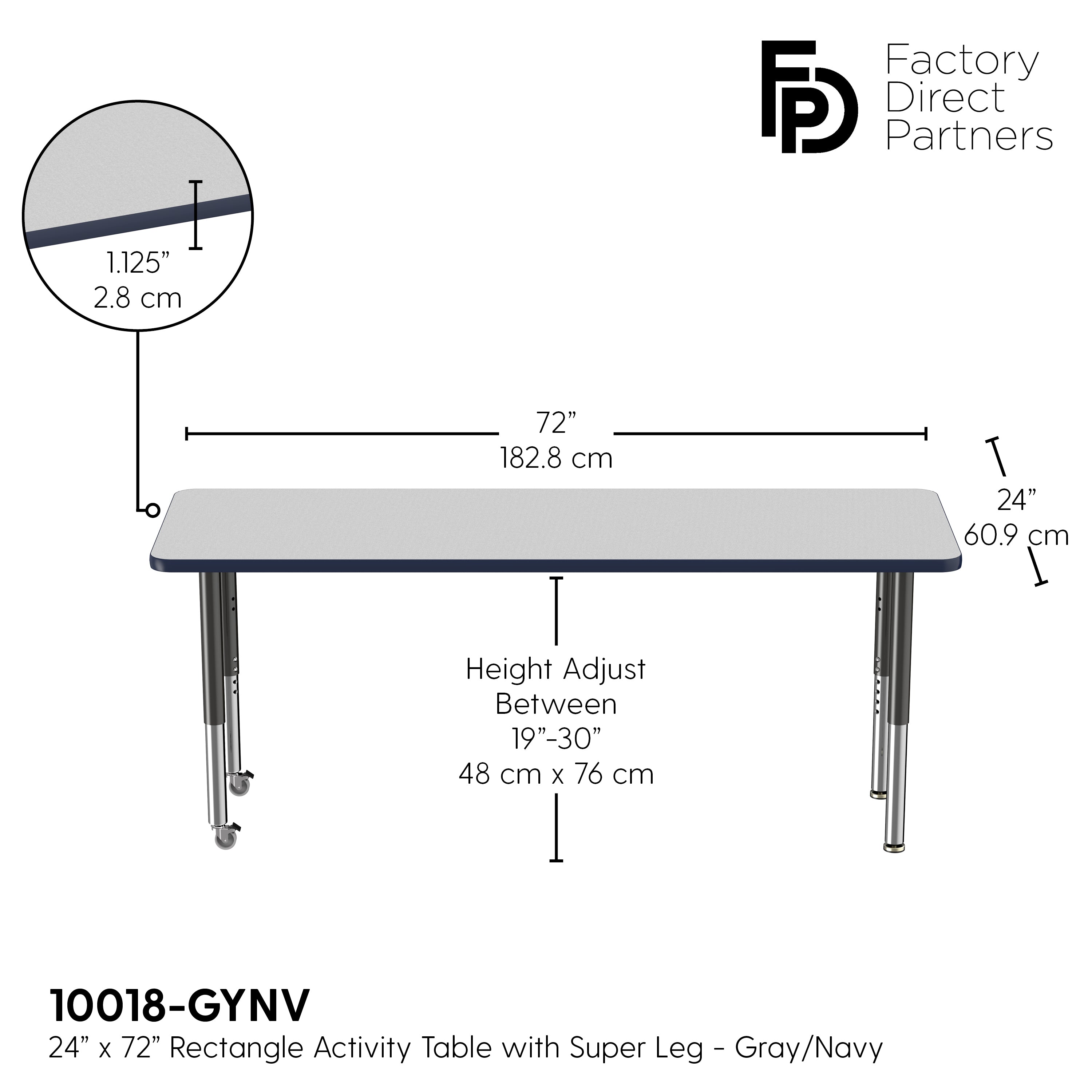 24" x 72" Rectangle T-Molding Activity Table with Adjustable Super Legs - Gray/Navy/Black