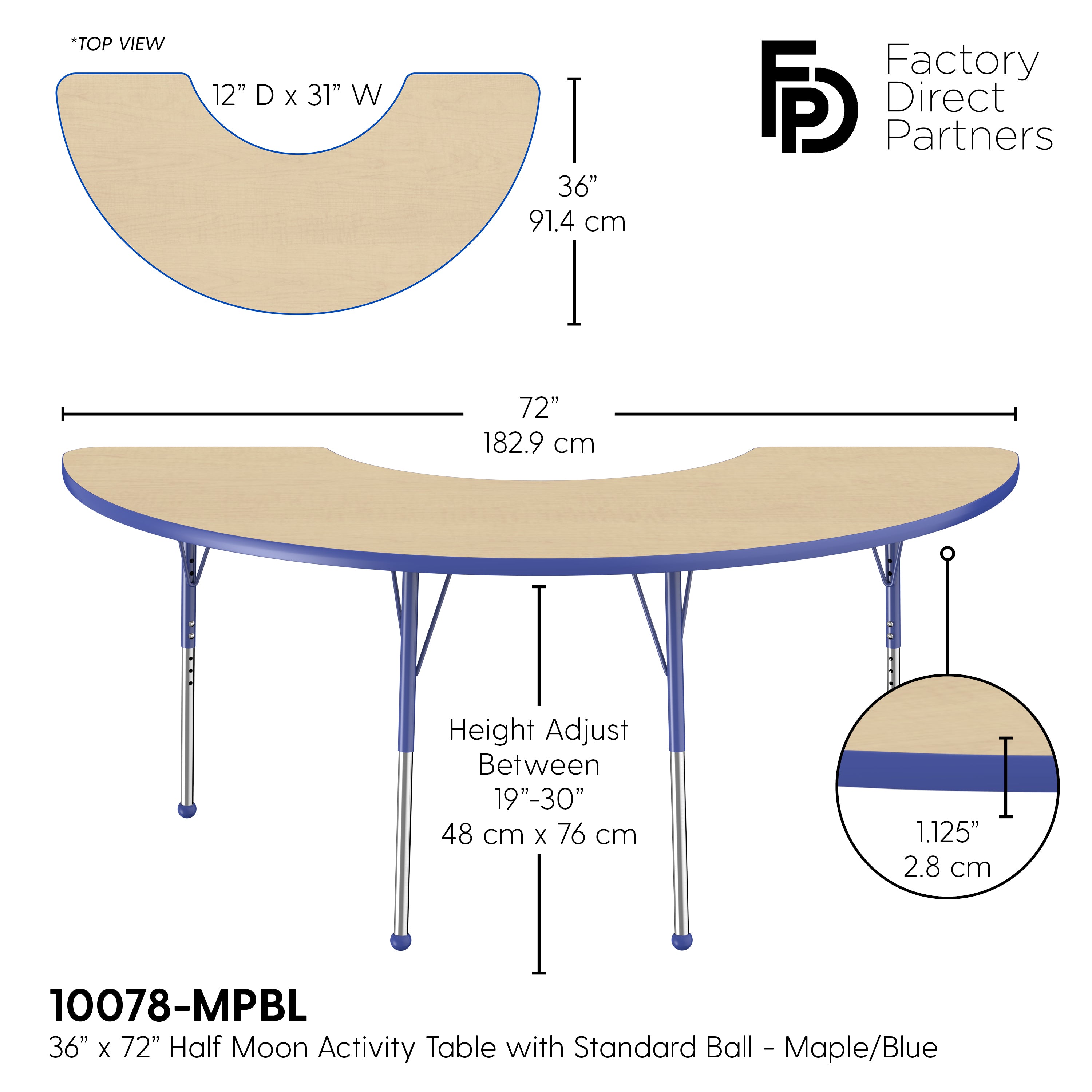 36" x 72" Half Moon T-Molding Activity Table with Adjustable Standard Ball Glide Legs - Maple/Blue