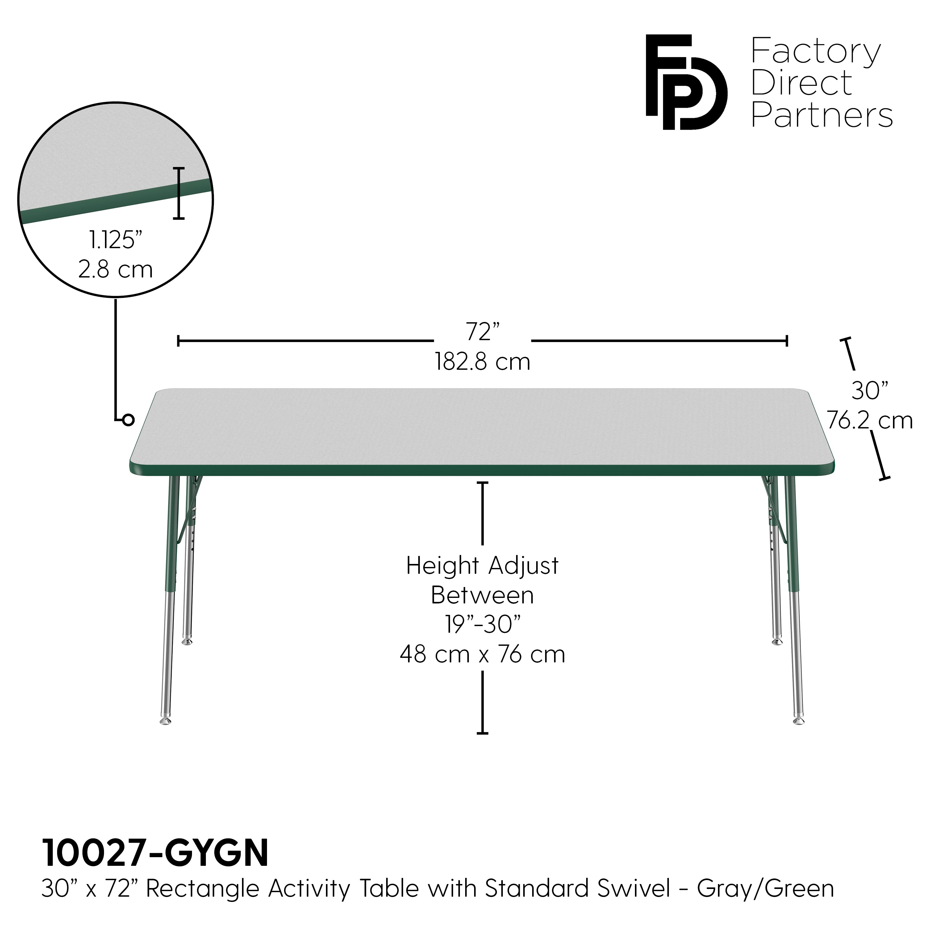 30" x 72" Rectangle T-Molding Activity Table with Adjustable Standard Swivel Glide Legs - Gray/Green