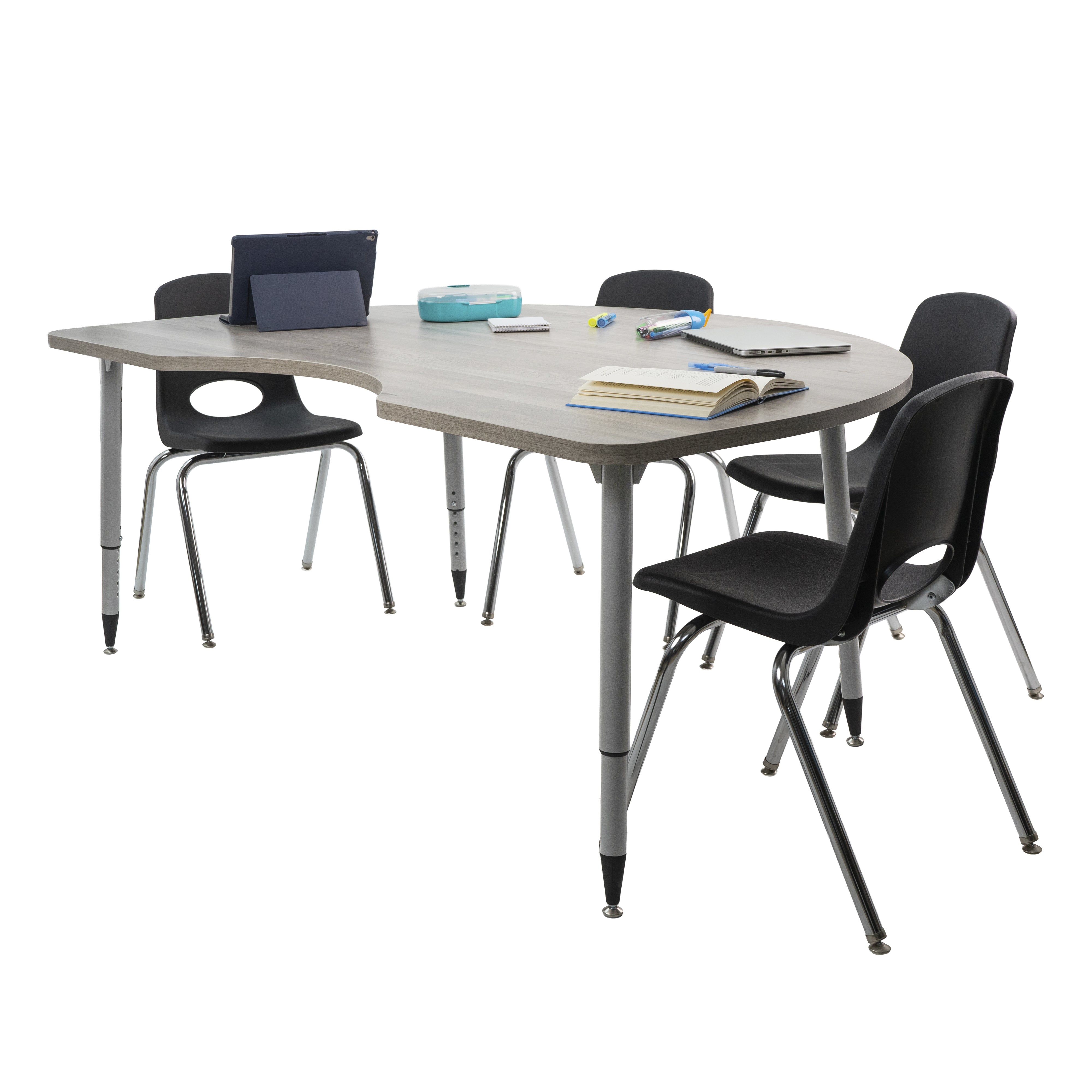 Adapte 48" x 72" Kidney Woodgrain Activity Table with Adjustable Tapered Legs - Light Gray Wood/Silver