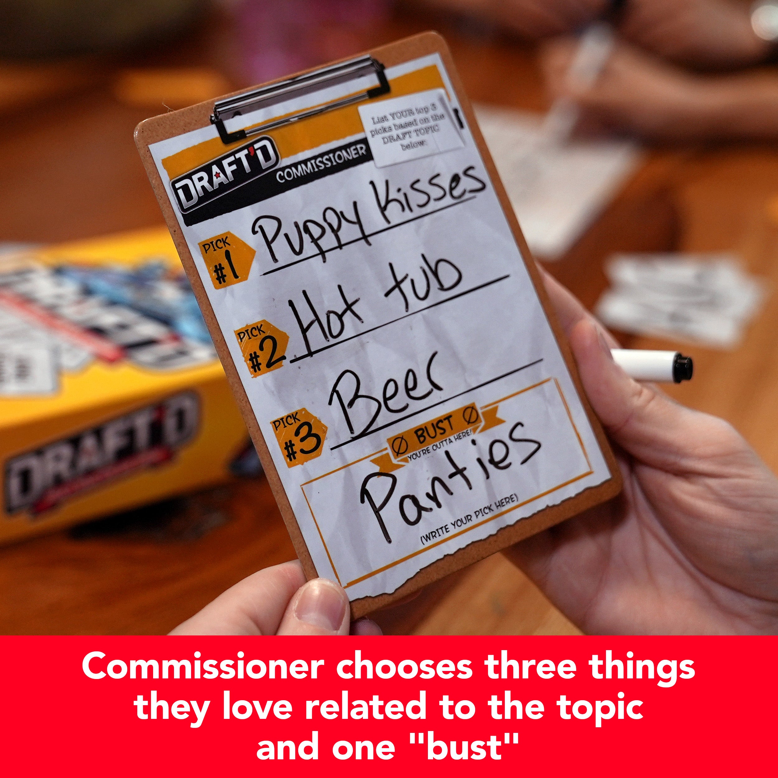 Spin Master Games, Draft’d, Competitive Drafting Party Game with Hilarious Prompts for College Nights, Football Watch Parties, Happy Hour Activity, for Teens & Adults, 3-5 Players, for Ages 14 & Up