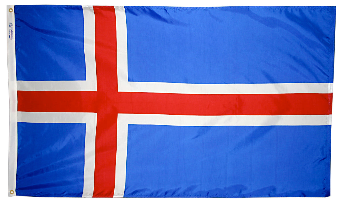 Iceland Flag 2x3 ft. Nylon SolarGuard Nyl-Glo 100% Made in USA to Official United Nations Design Specifications.