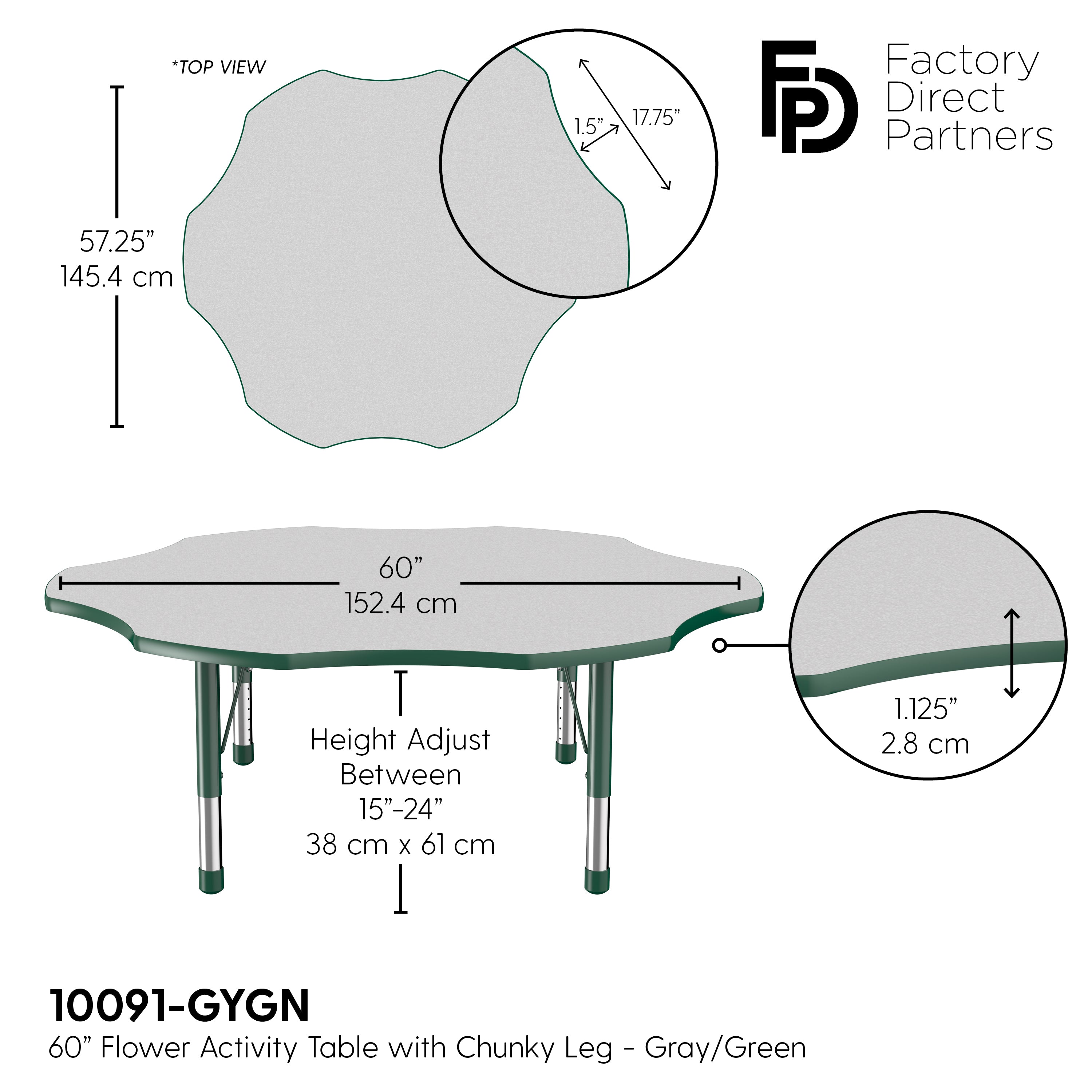 60" x 60" Flower T-Molding Activity Table with Adjustable Chunky Legs - Gray/Green