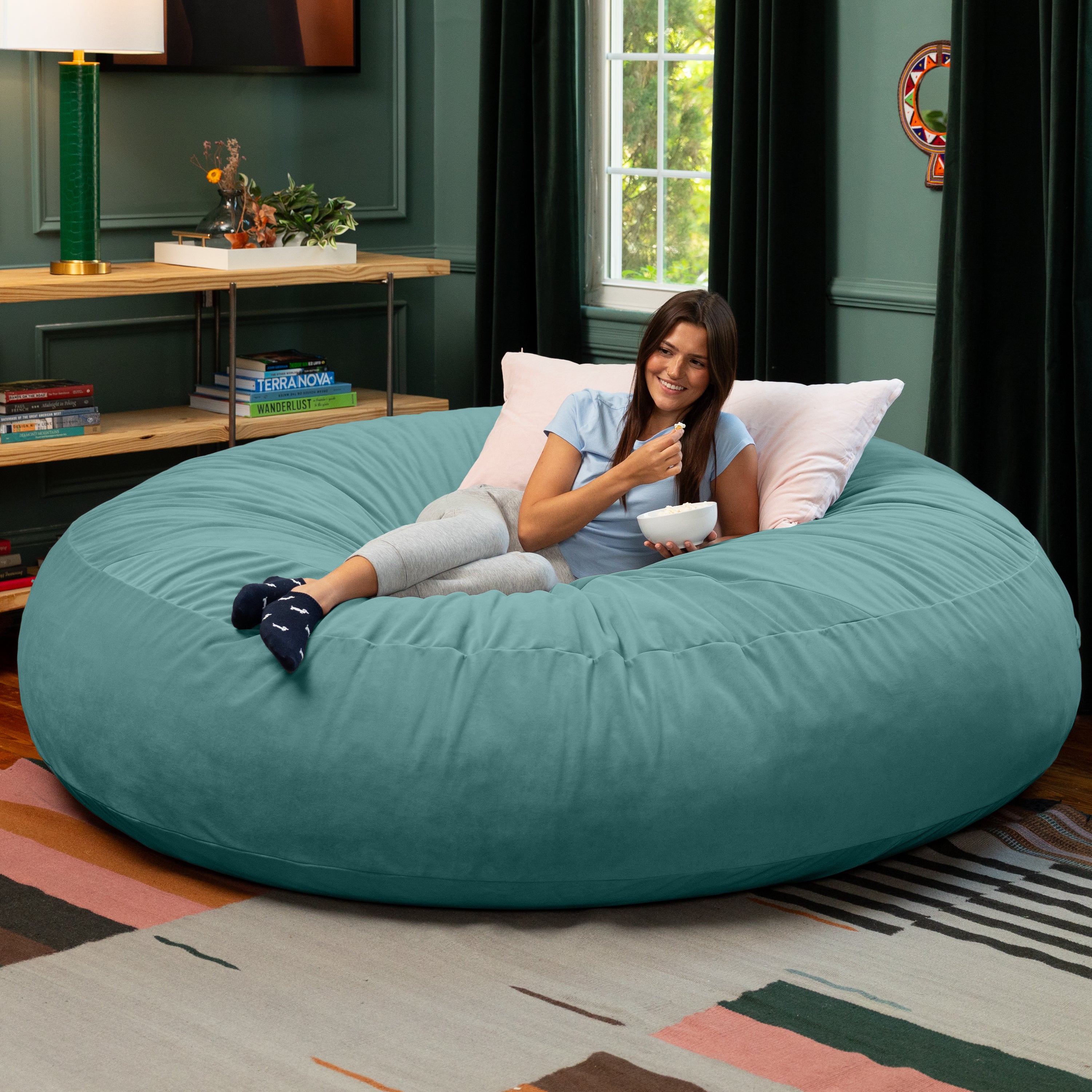 Jaxx 6 Foot Cocoon - 2-in-1 Convertible Bean Bag Bed & Large Bean Bag Chair for Adults, Premium Lush Velvet - Turquoise
