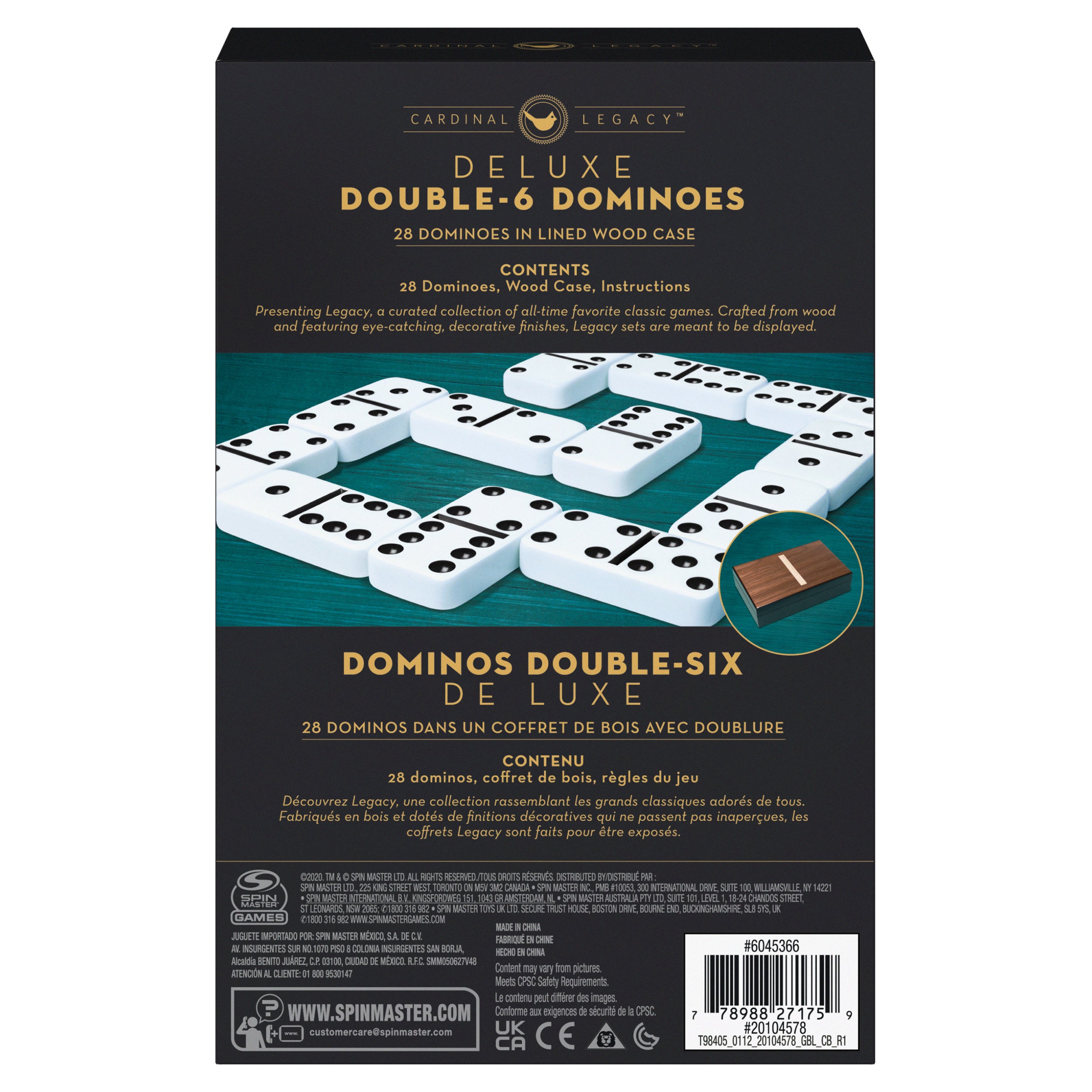 Spin Master Games, Cardinal Legacy Deluxe Double-6 Dominoes, Classic Board Game Set of 28 Dominoes in Lined Wooden Case, for Kids & Family, 1-4 Players, for Ages 8 & Up