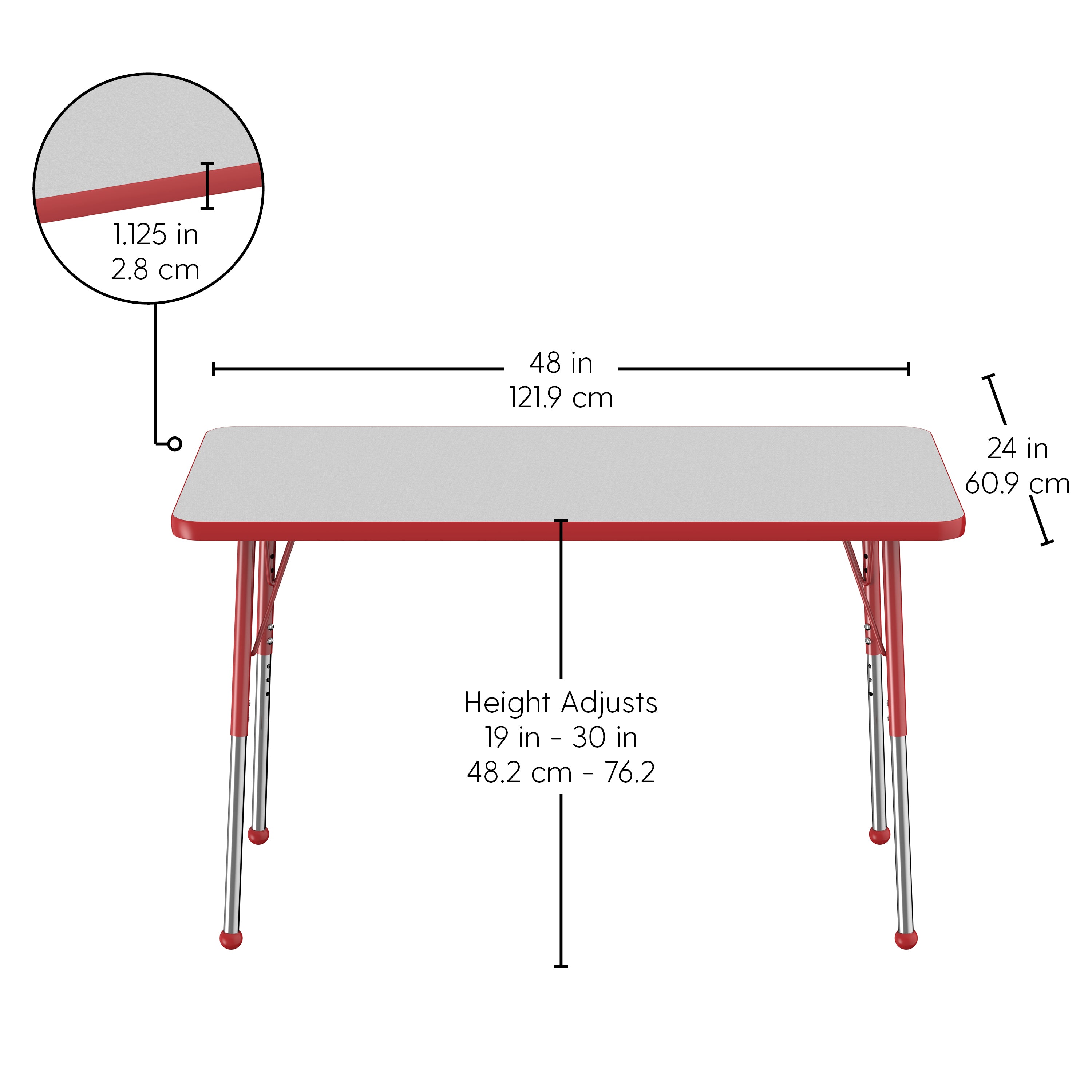 24" x 48" Rectangle T-Molding Activity Table with Adjustable Standard Ball Glide Legs - Gray/Red