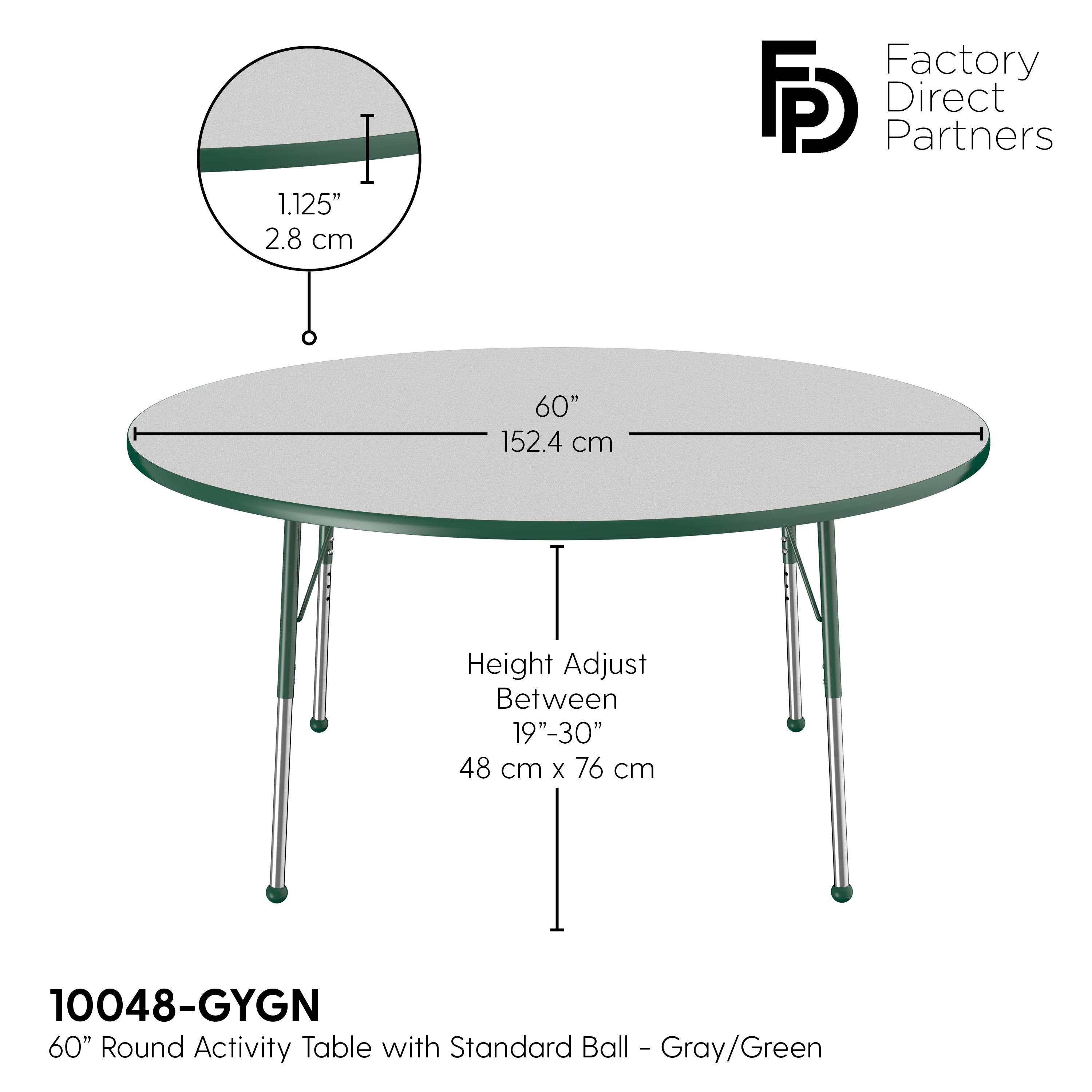 60" Round T-Molding Activity Table with Adjustable Standard Ball Glide Legs - Gray/Green