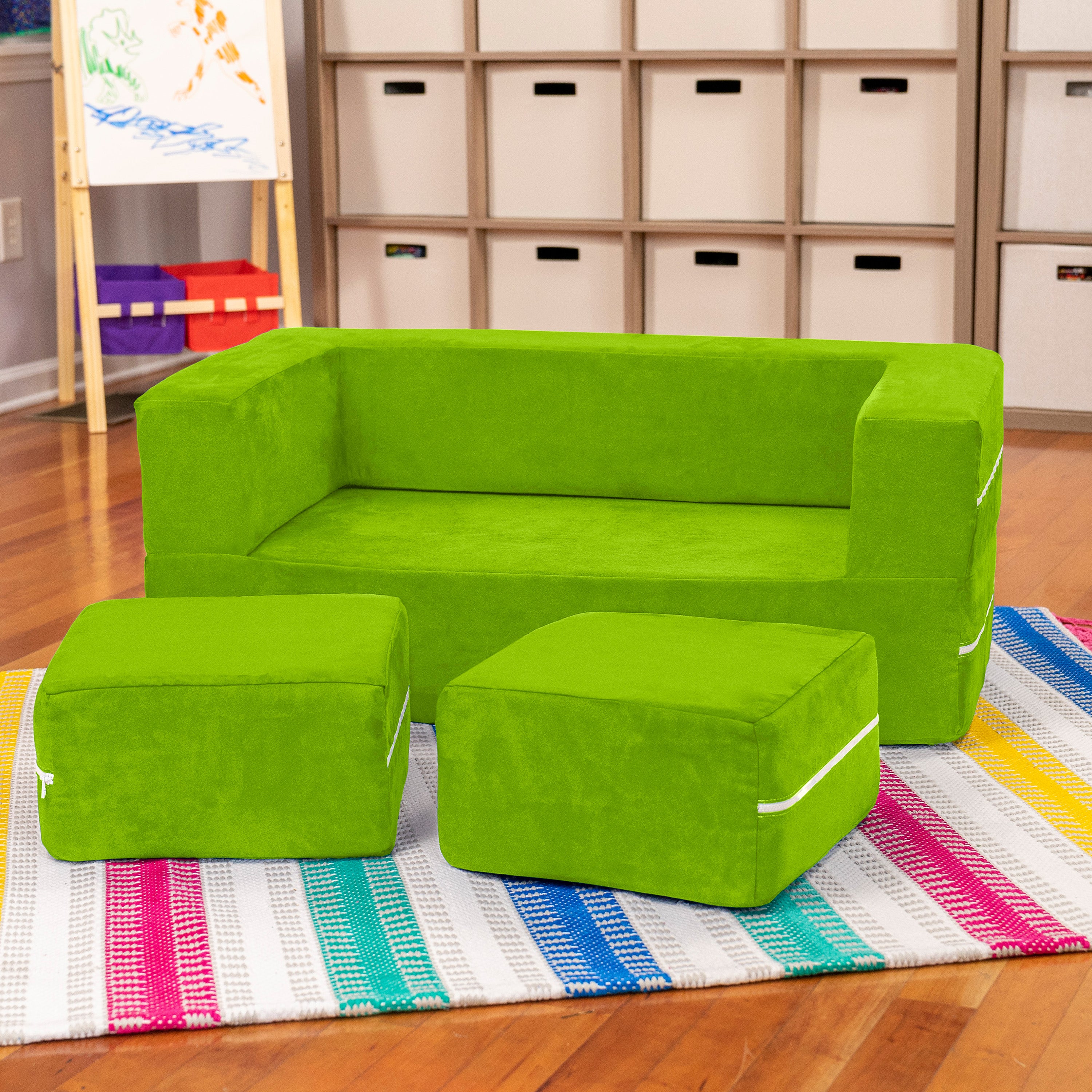 Jaxx Zipline Kids Modular Loveseat & Ottomans/Fold Out Lounger, Lime