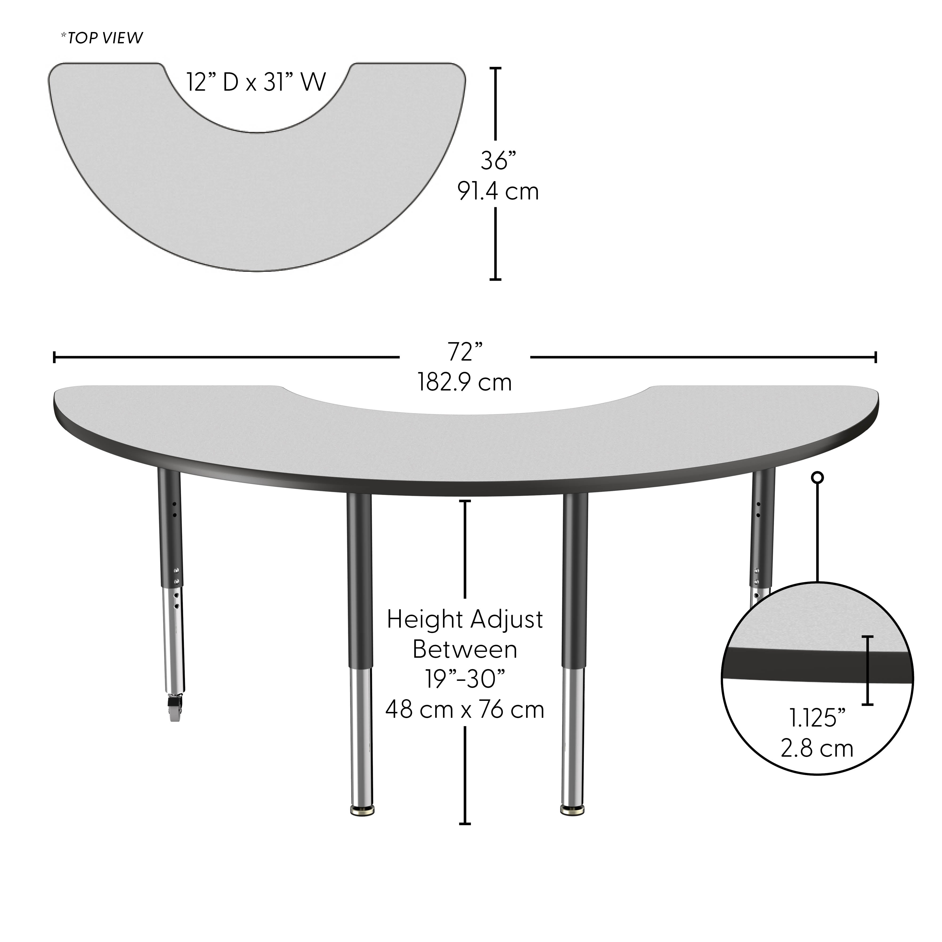 36" x 72" Half Moon Thermofused Activity Table with Adjustable Super Legs - Gray/Black