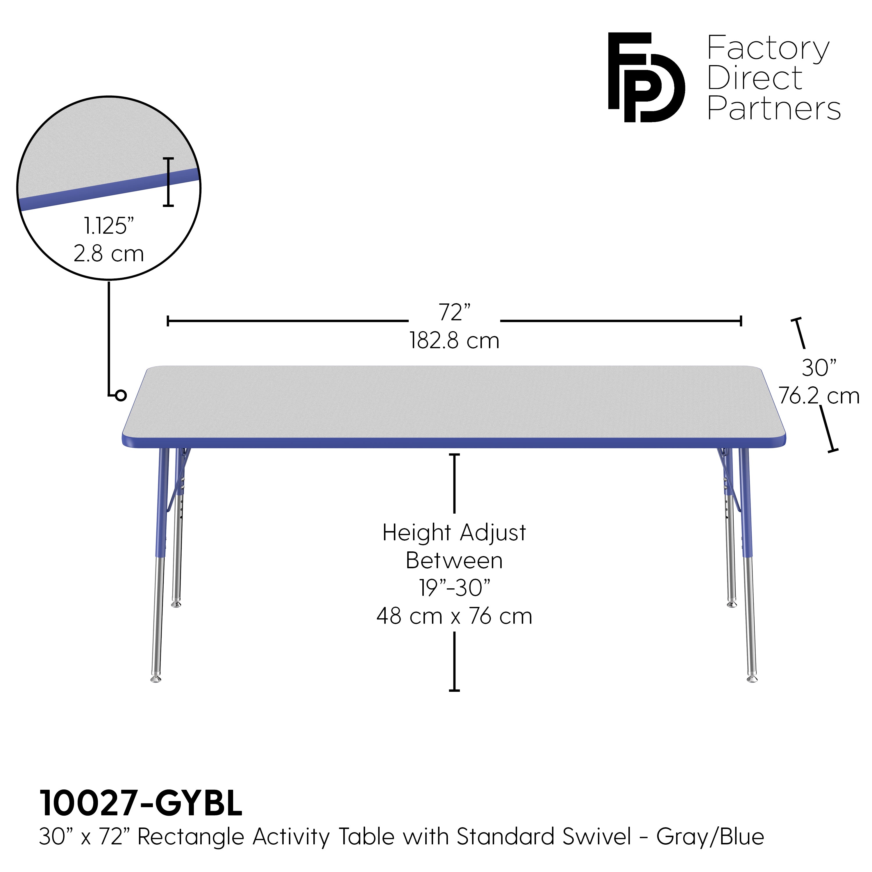 30" x 72" Rectangle T-Molding Activity Table with Adjustable Standard Swivel Glide Legs - Gray/Blue