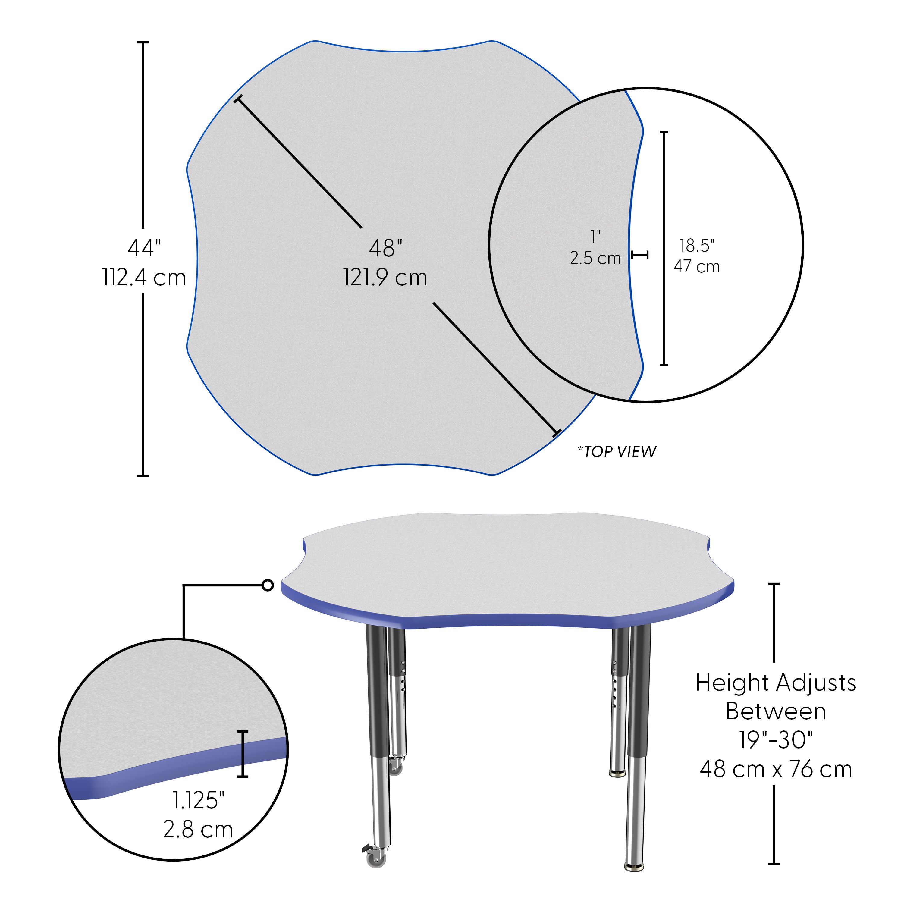 48" x 48" Clover T-Molding Activity Table with Adjustable Super Legs - Gray/Blue/Black