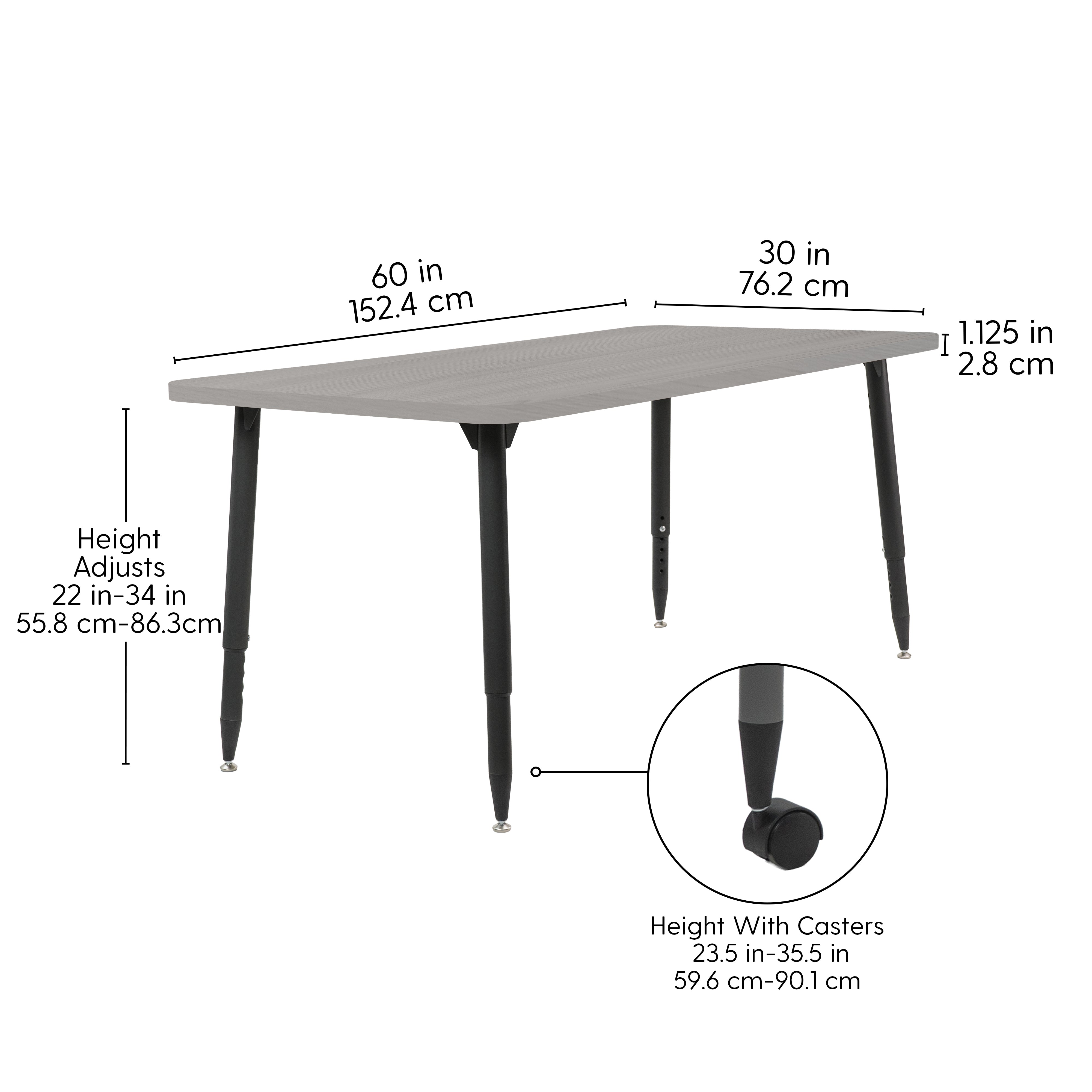 Adapte 30" x 60" Rectangle Woodgrain Activity Table with Adjustable Tapered Legs - Light Gray Wood/Black