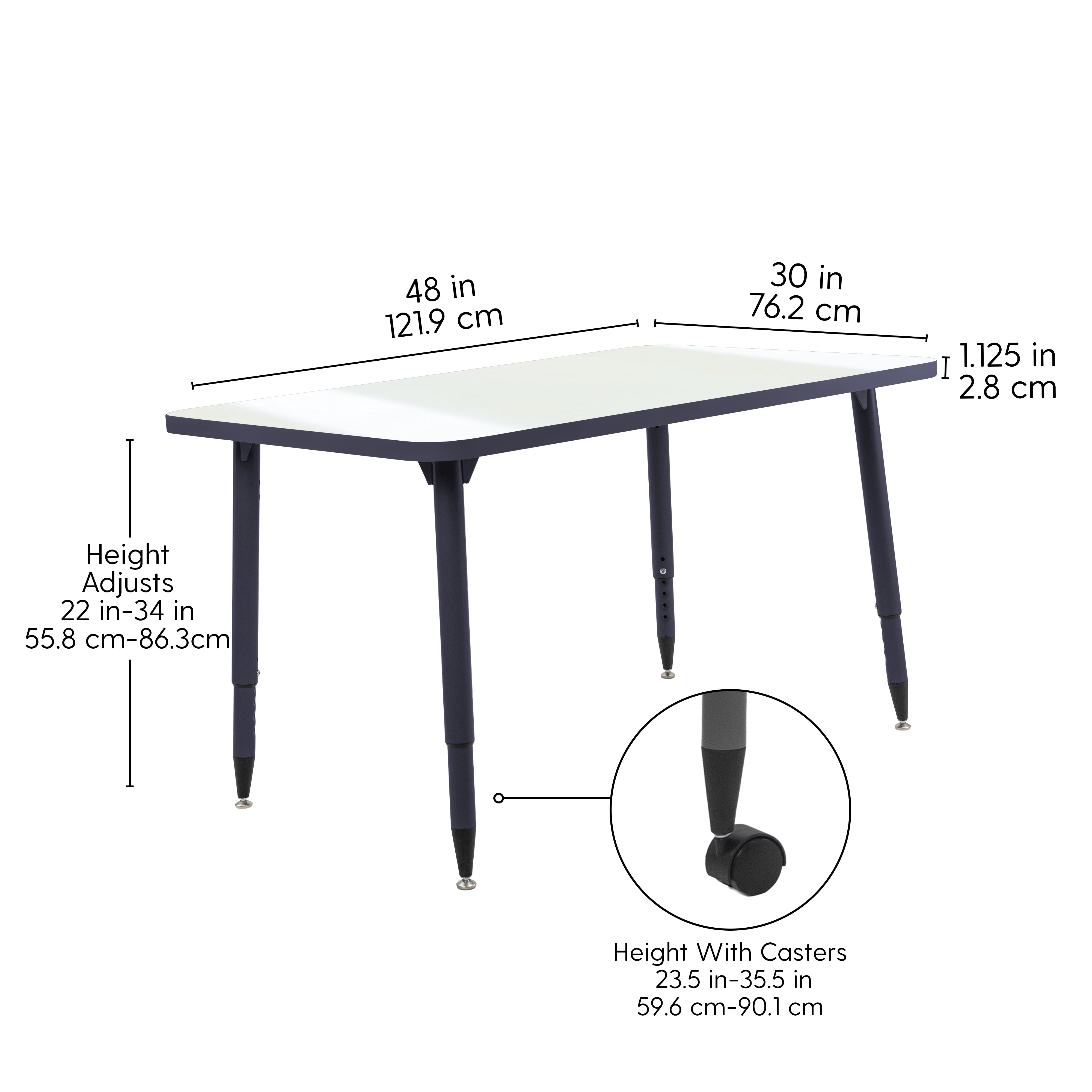 Adapte 30" x 48" Rectangle Dry-Erase Activity Table with Adjustable Tapered Legs - Whiteboard/Navy