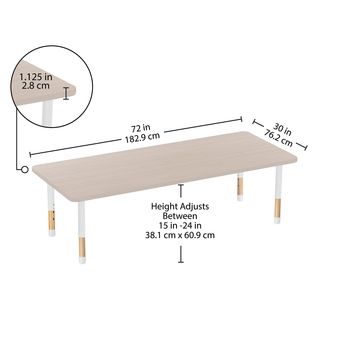 30" x 72" Rectangle Thermofused Activity Table with Adjustable Chunky Wood Legs - Asian Sand/White/Natural