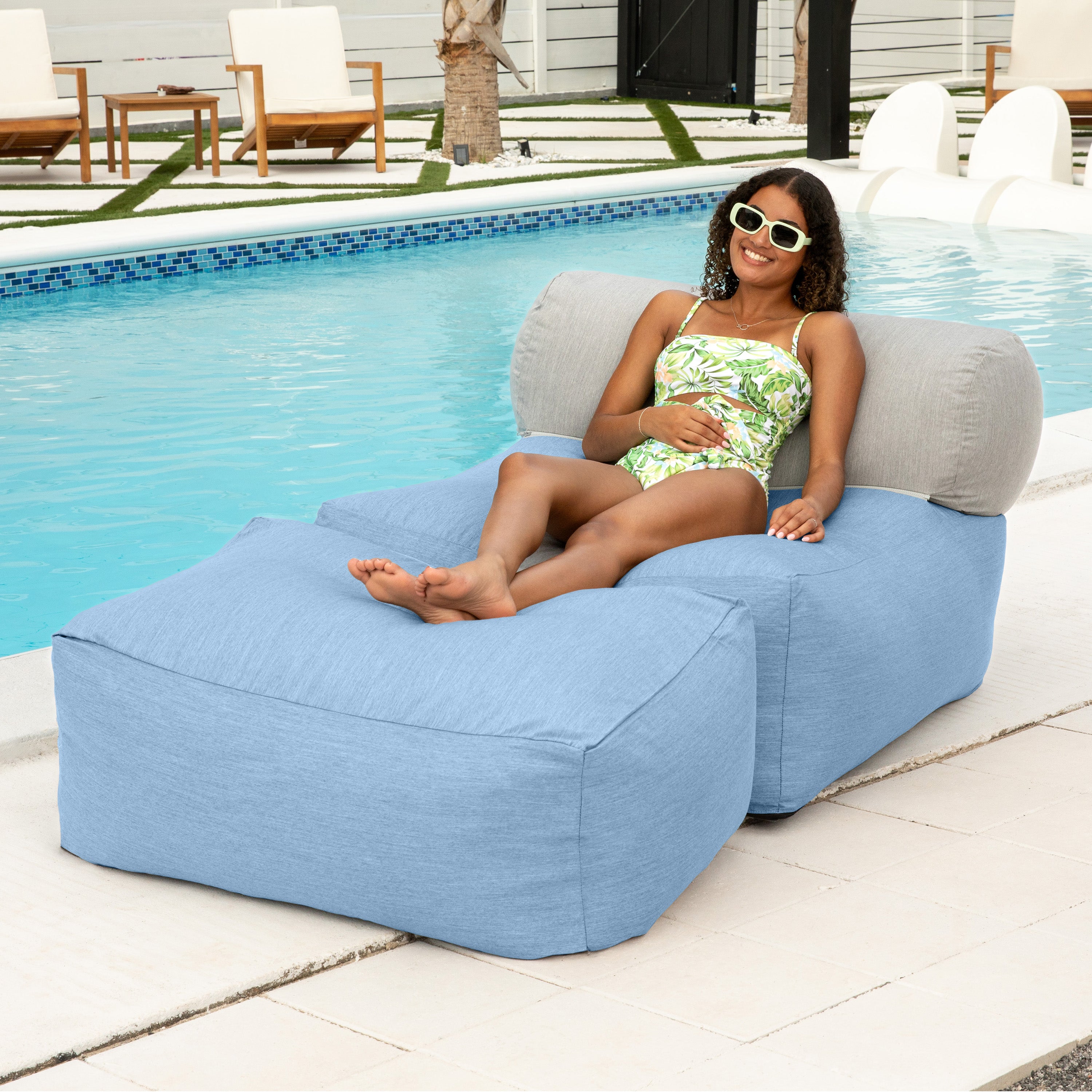 Jaxx Tybee Large Outdoor Lounge w/ Bolster and Ottoman - Sunbrella Ocean
