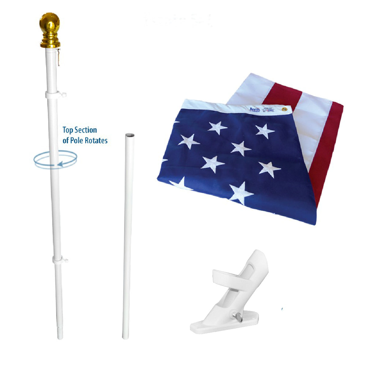American Flag and Flagpole Set Estate kit - 6 ft. 2 Section White Spinning Pole that Rotates 360 Degrees with US Flag 3x5 ft. SolarGuard Nylon.