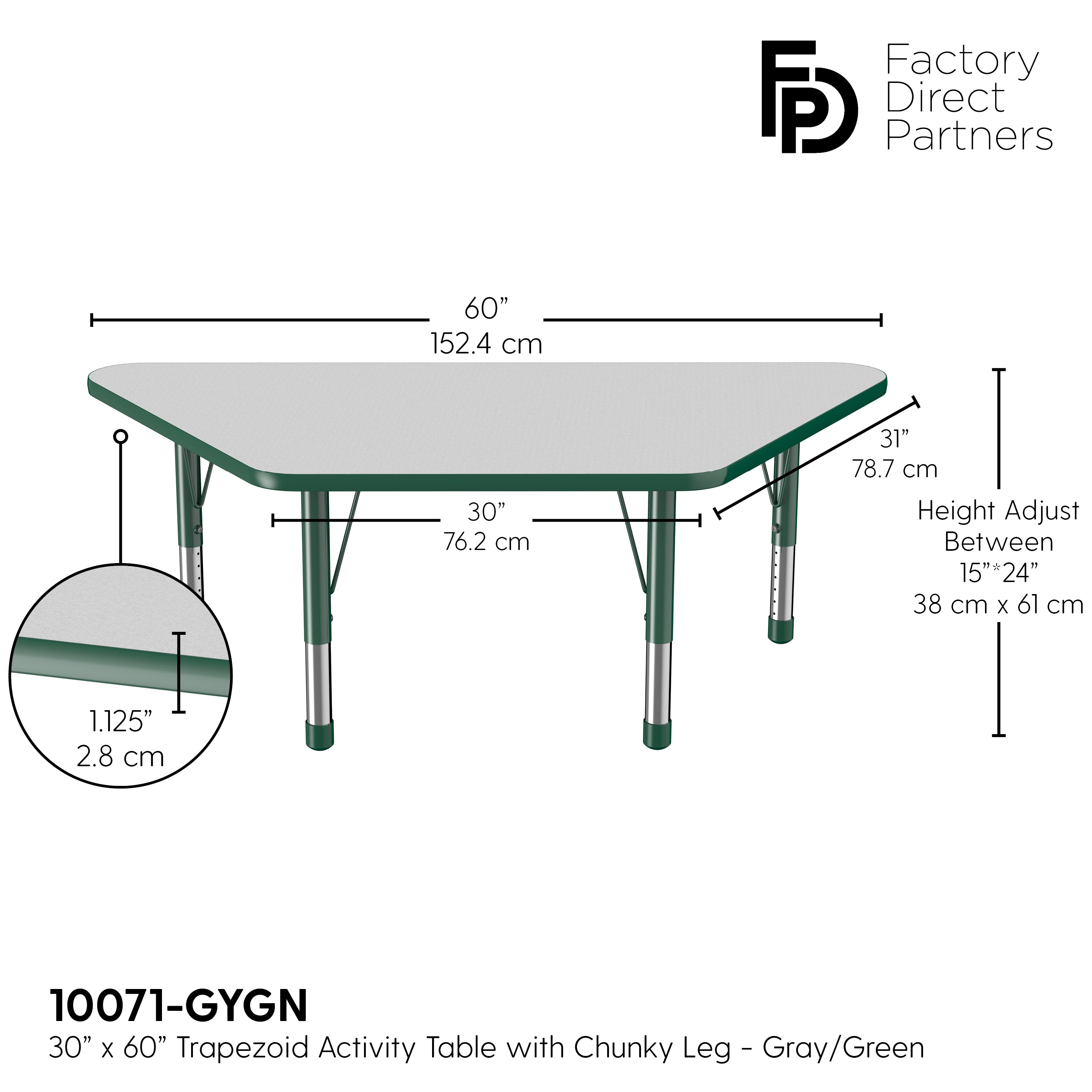 30" x 60" Trapezoid T-Molding Activity Table with Adjustable Chunky Legs - Gray/Green