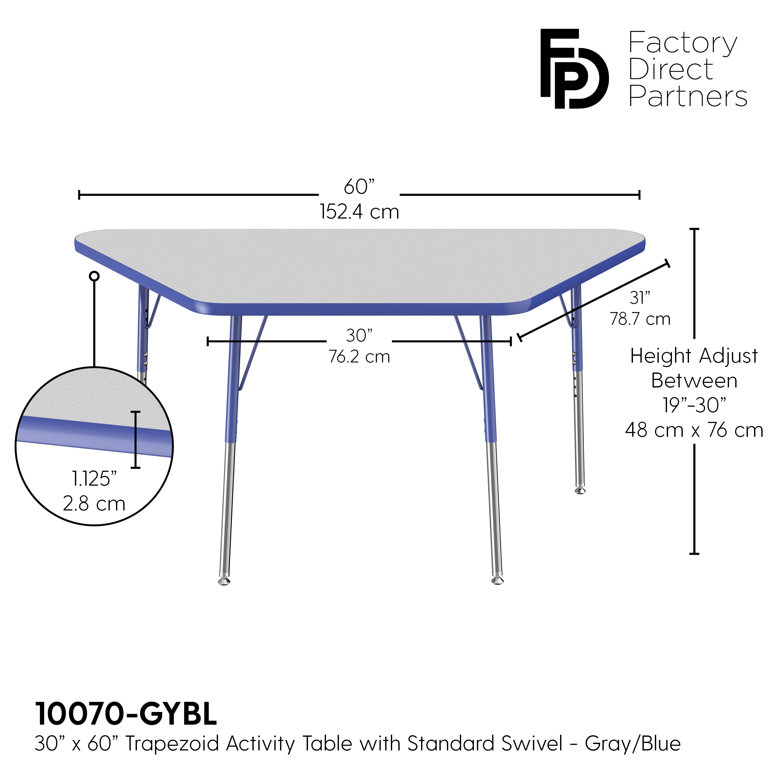 30" x 60" Trapezoid T-Molding Activity Table with Adjustable Standard Swivel Glide Legs - Gray/Blue