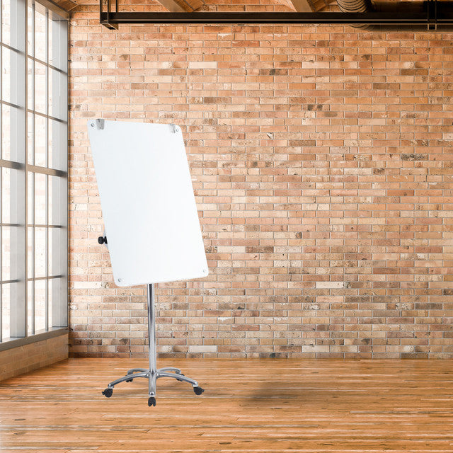 OfficeSource Vizual Magnetic Glass Mobile Easel with Chrome Frame - White