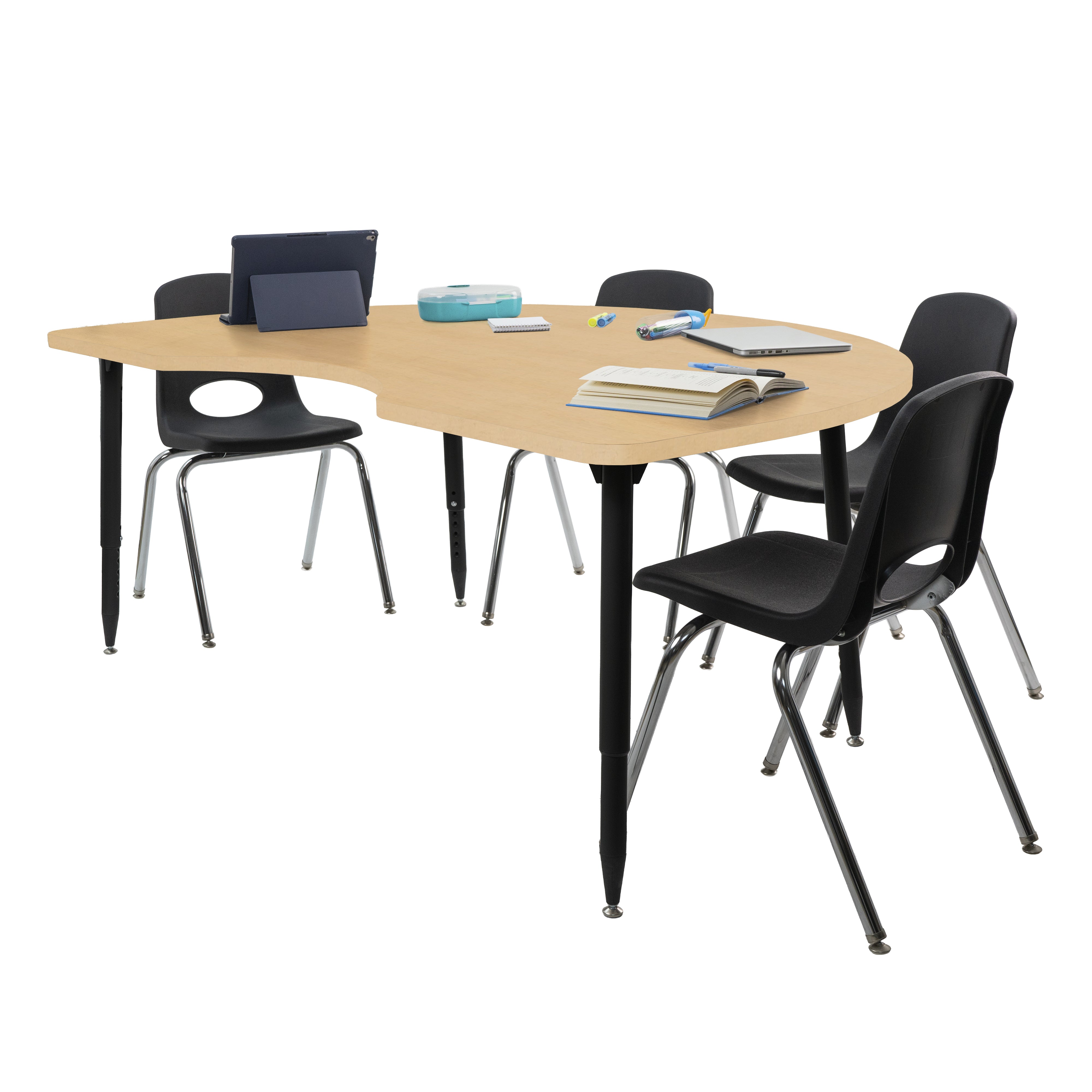 Adapte 48" x 72" Kidney Woodgrain Activity Table with Adjustable Tapered Legs - Maple Grain/Black