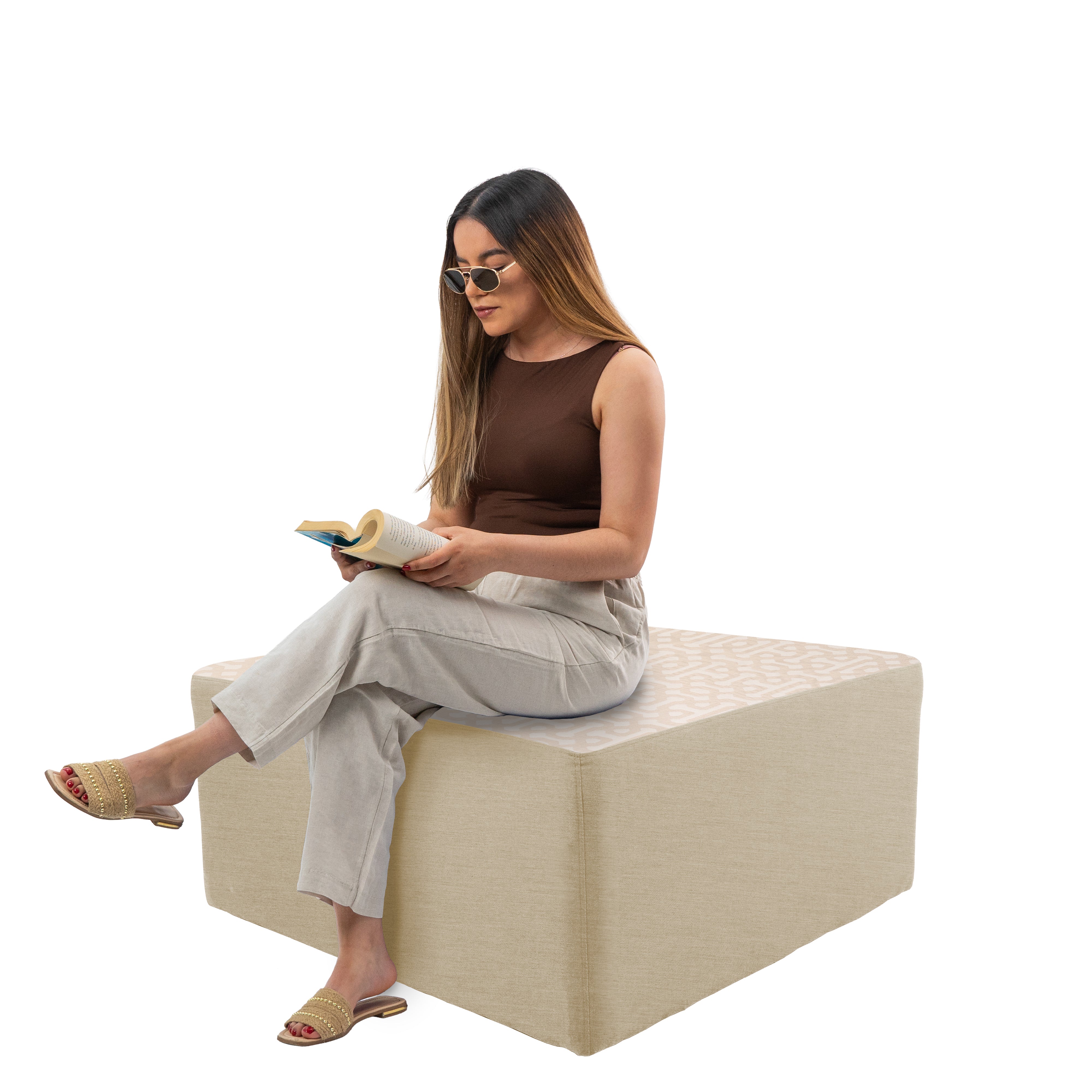 Outdoor 36" Square Ottoman with Sunbrella, 18" H - Fretwork Flax/Spectrum Sand