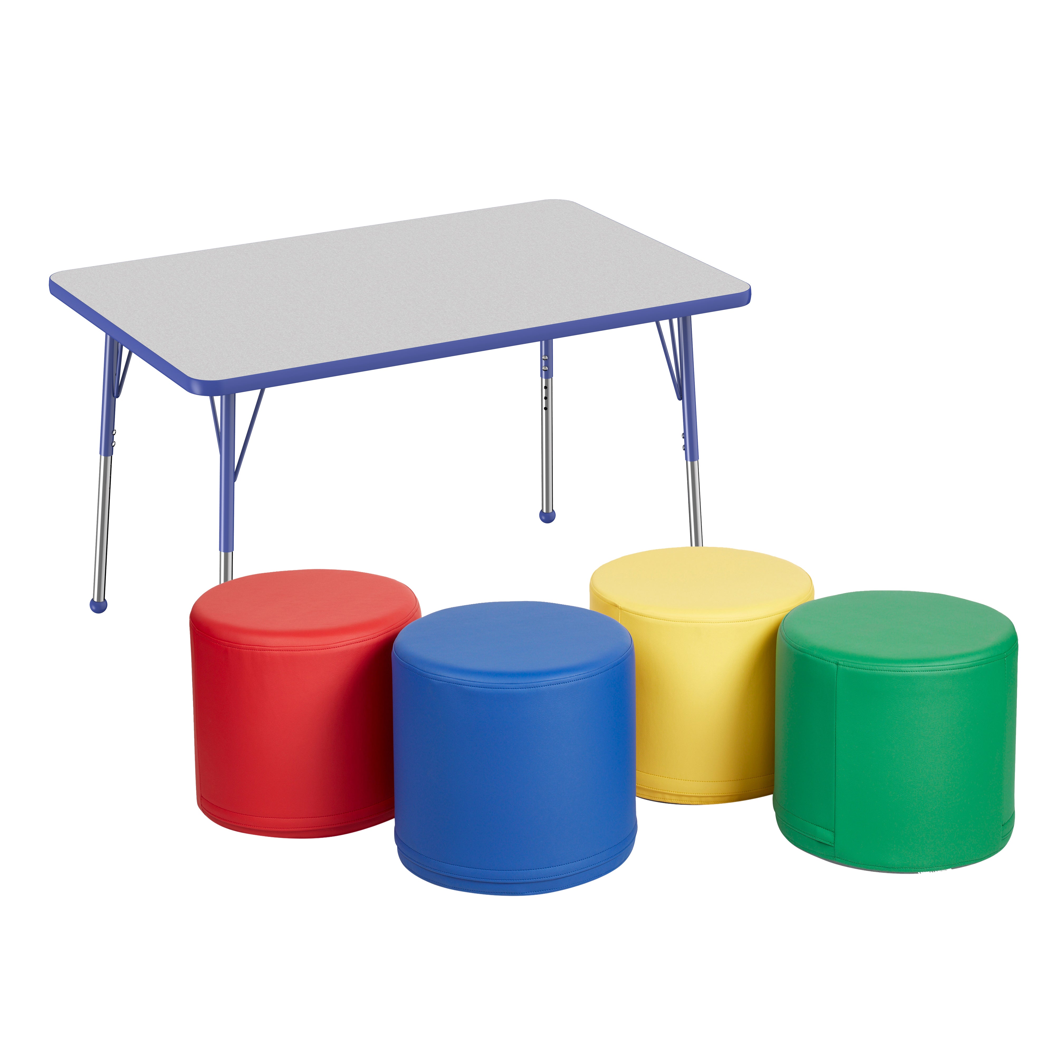 30" x 48" Rectangle T-Molding Activity Table with Standard Ball Legs and Round Ottomans 16" Height, 5-Piece Set - Gray/Blue/Assorted