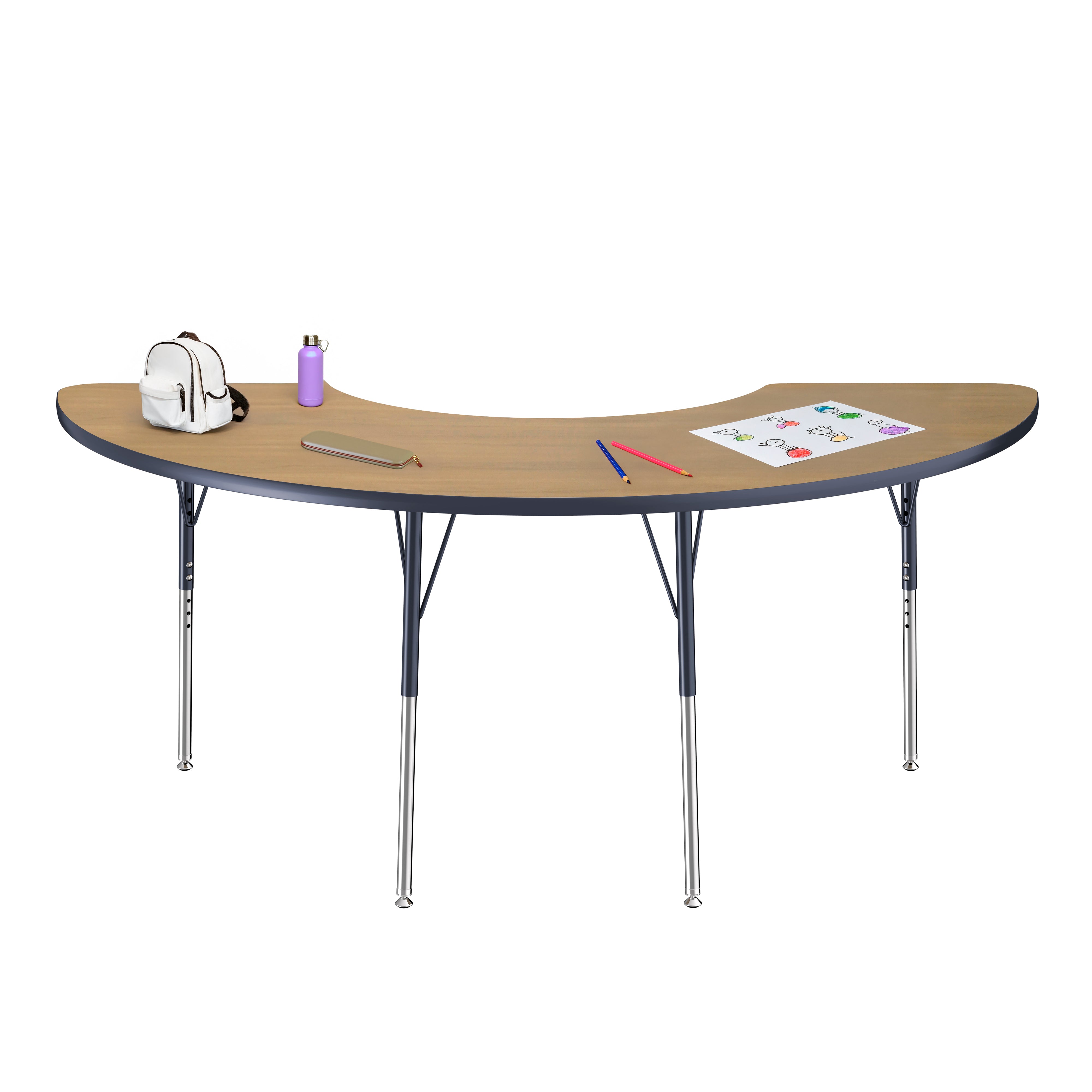36" x 72" Half Moon T-Molding Activity Table with Adjustable Standard Swivel Glide Legs - Pasadena Oak/Navy