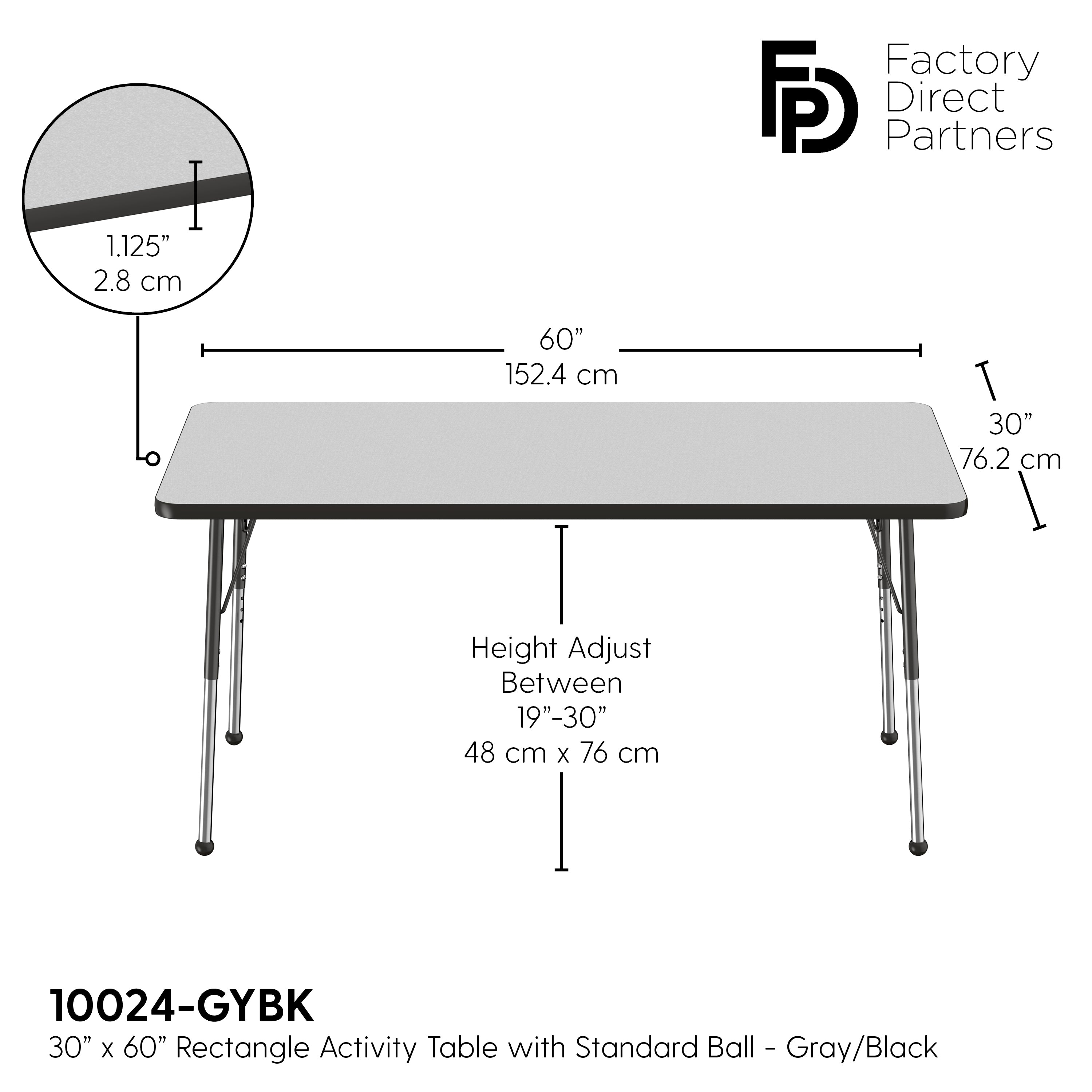 30" x 60" Rectangle T-Molding Activity Table with Adjustable Standard Ball Glide Legs - Gray/Black