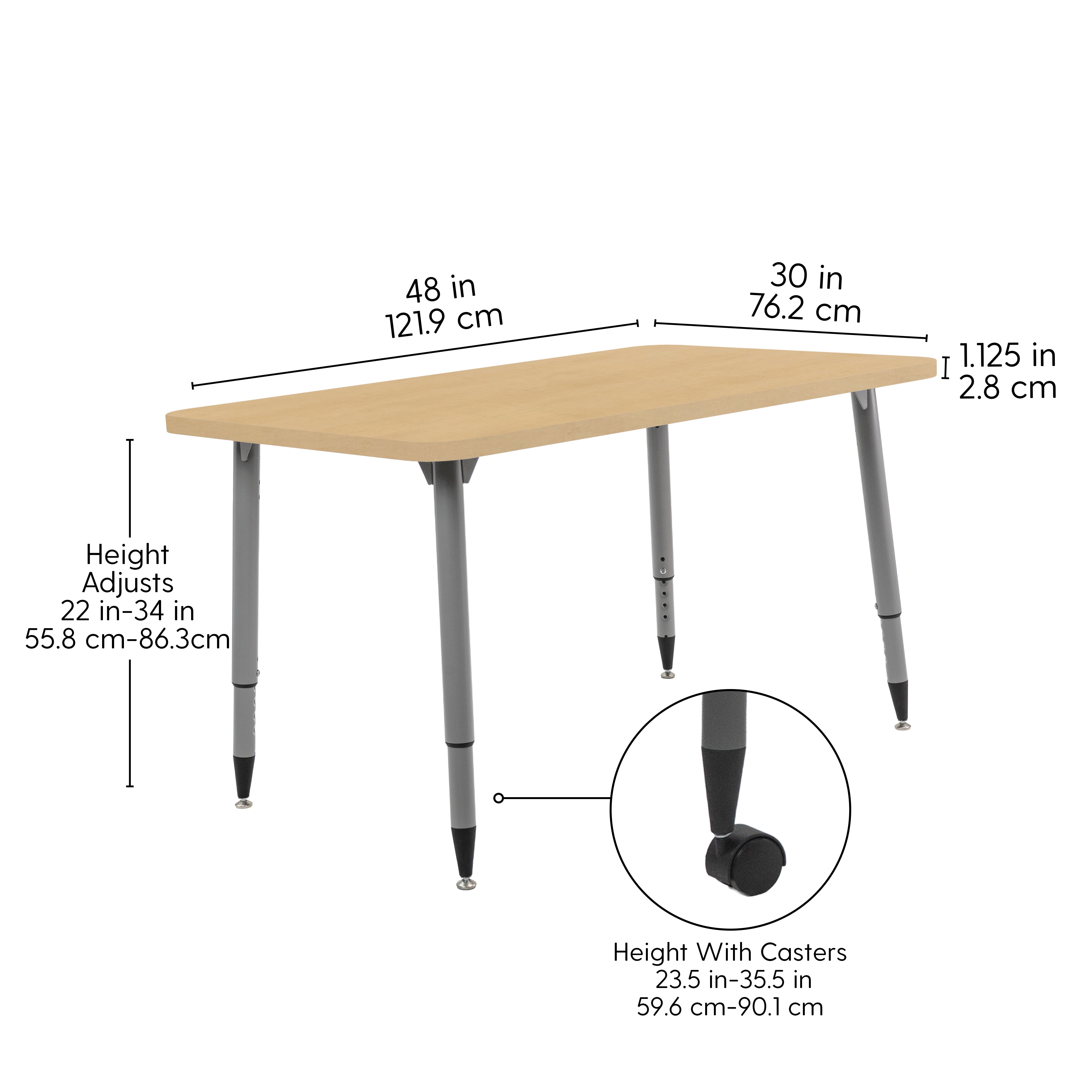 Adapte 30" x 48" Rectangle Woodgrain Activity Table with Adjustable Tapered Legs - Maple Grain/Silver