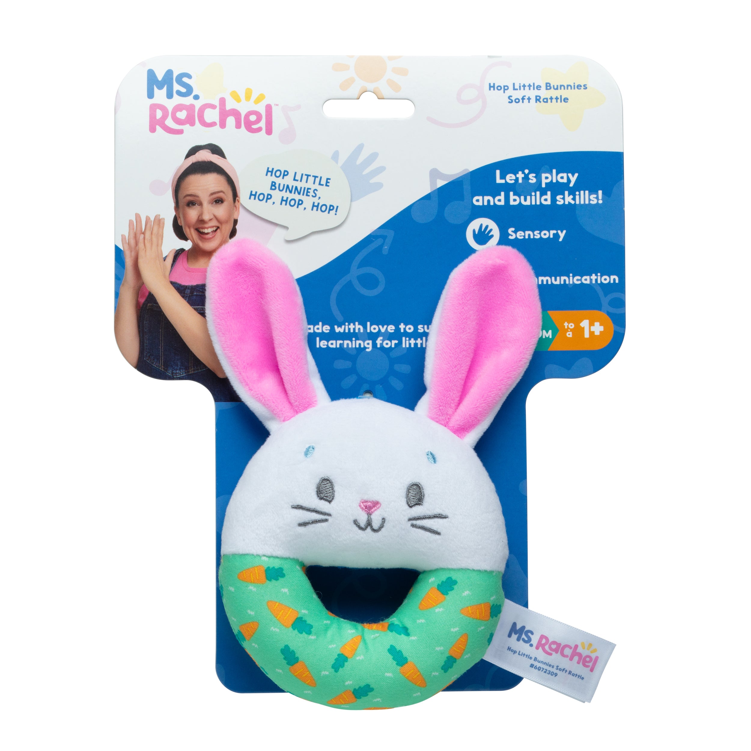Ms. Rachel Official Hop Little Bunnies Soft Rattle Toy, Baby Teething Toys with Plush Bunny Cover, Toddler Toys for Girls & Boys for Ages 3 Months to 1+