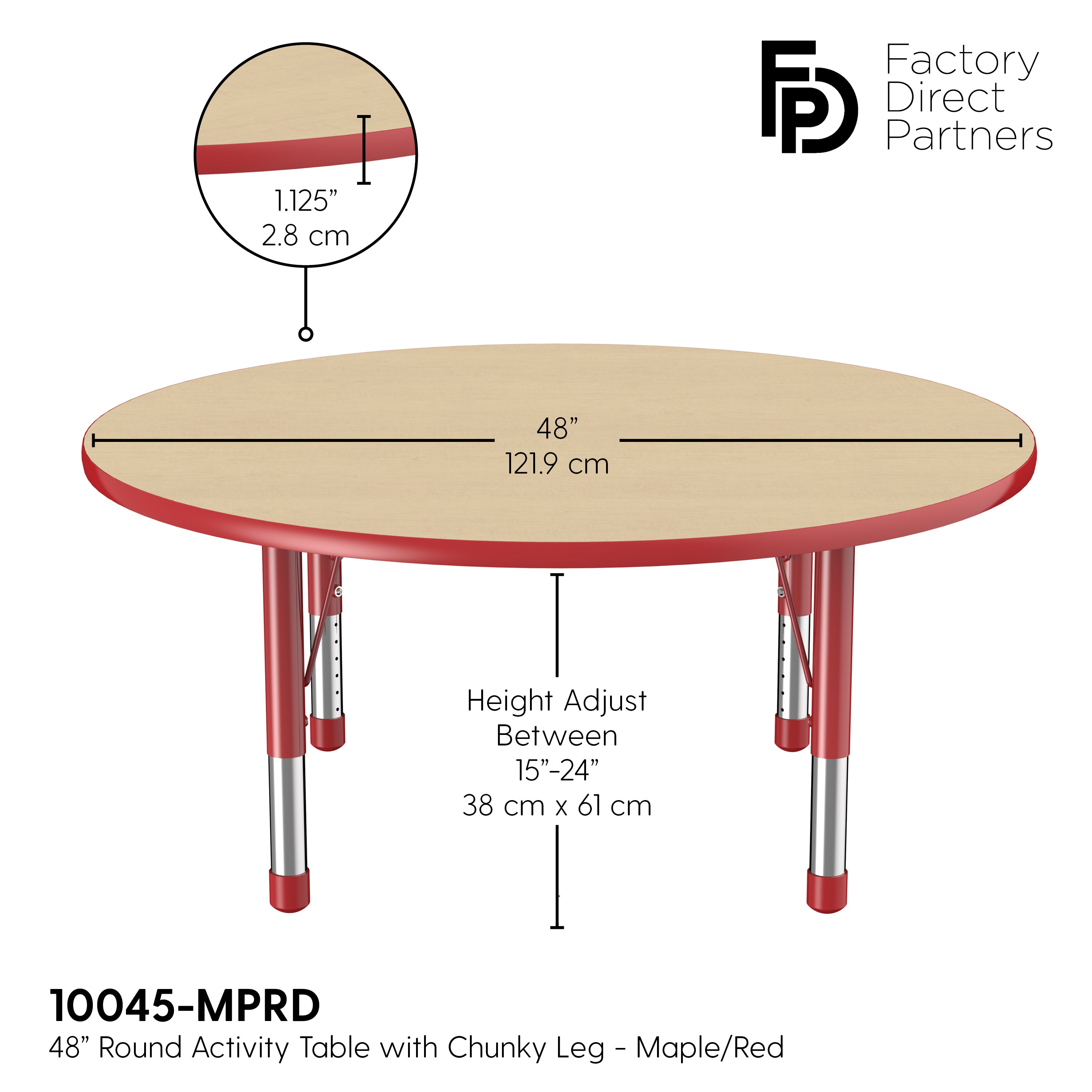 48" Round T-Molding Activity Table with Adjustable Chunky Legs - Maple/Red