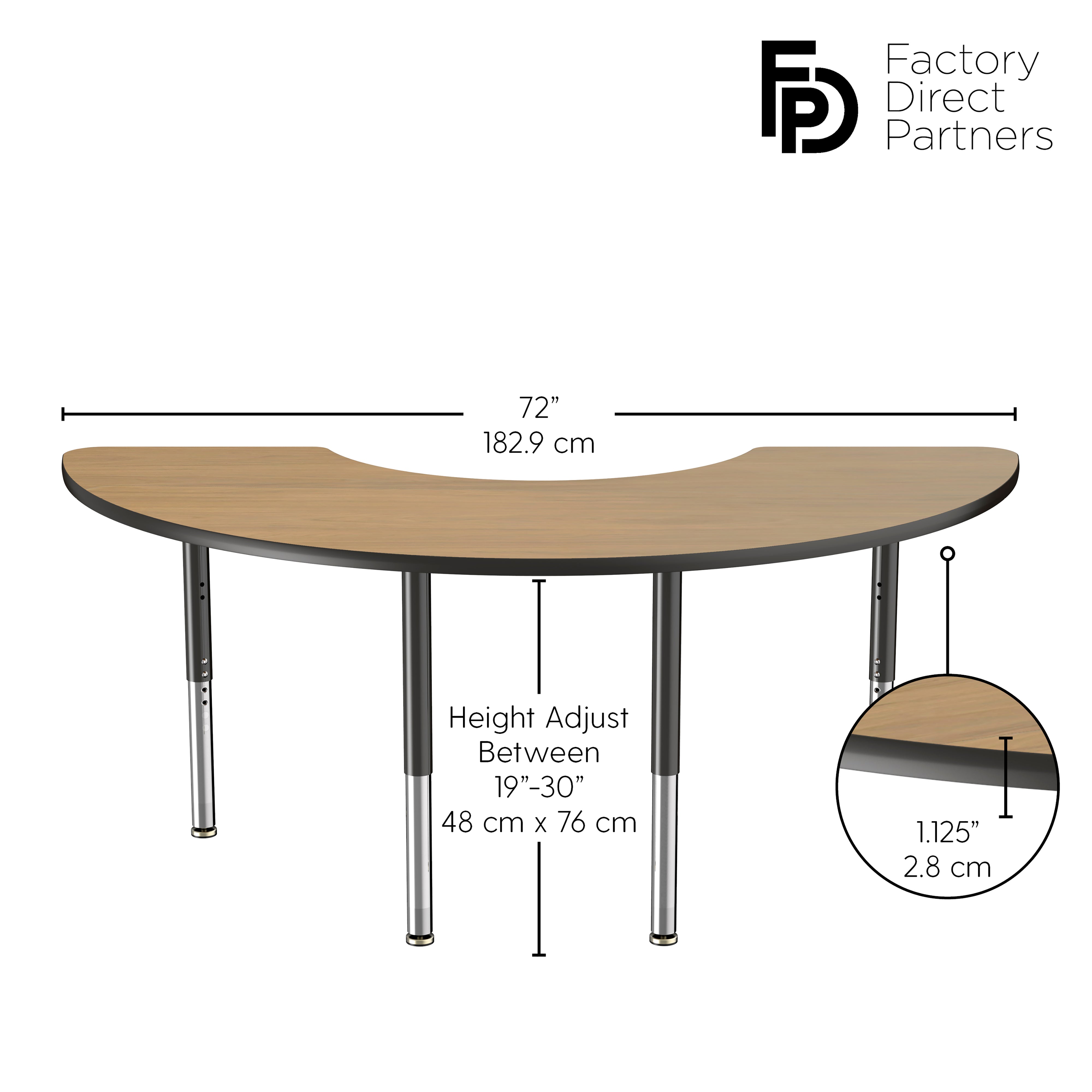 36" x 72" Half Moon T-Molding Activity Table with Adjustable Super Legs - Pasadena Oak/Black