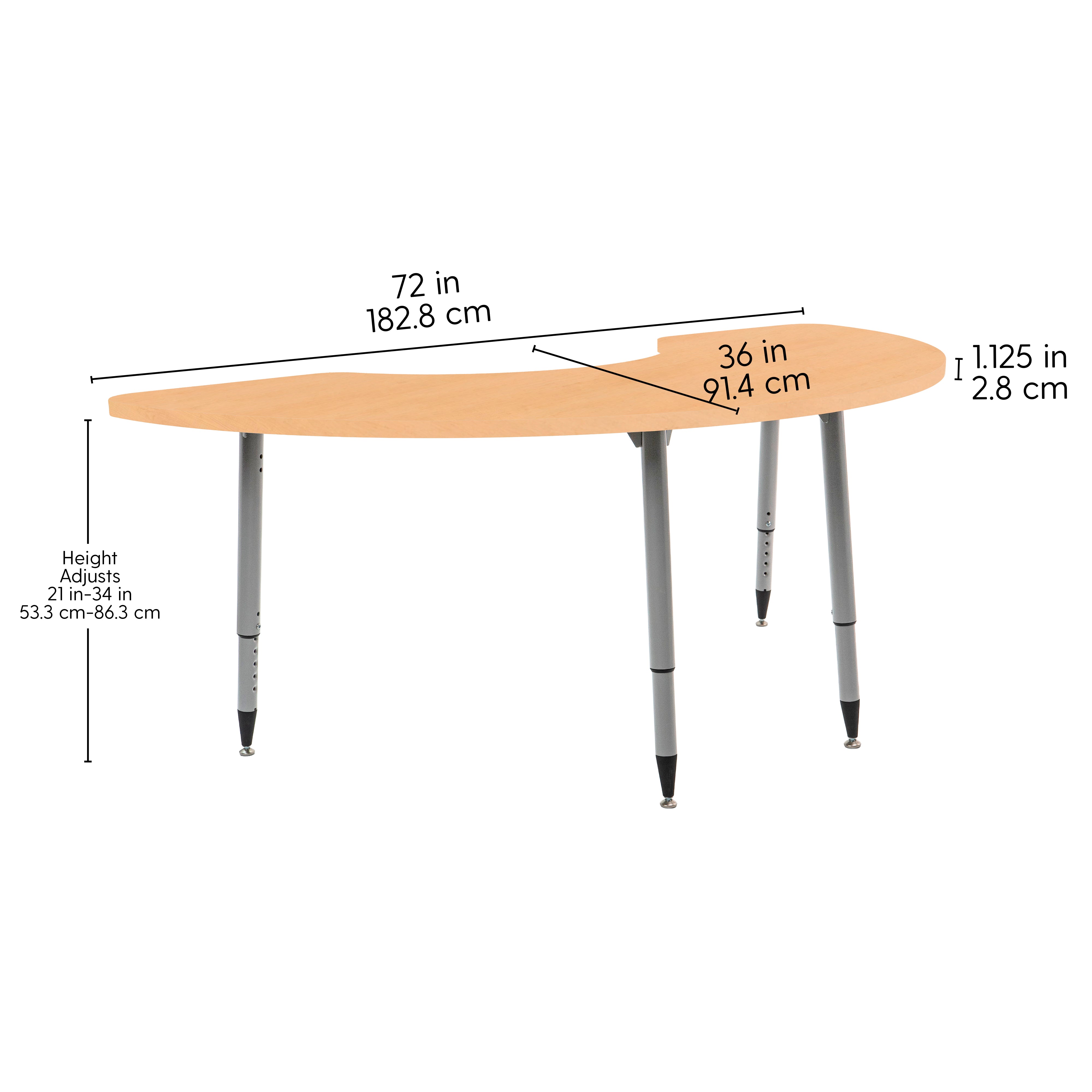 Adapte 36" x 72" Half Moon Woodgrain Activity Table with Adjustable Tapered Legs - Maple Grain/Silver