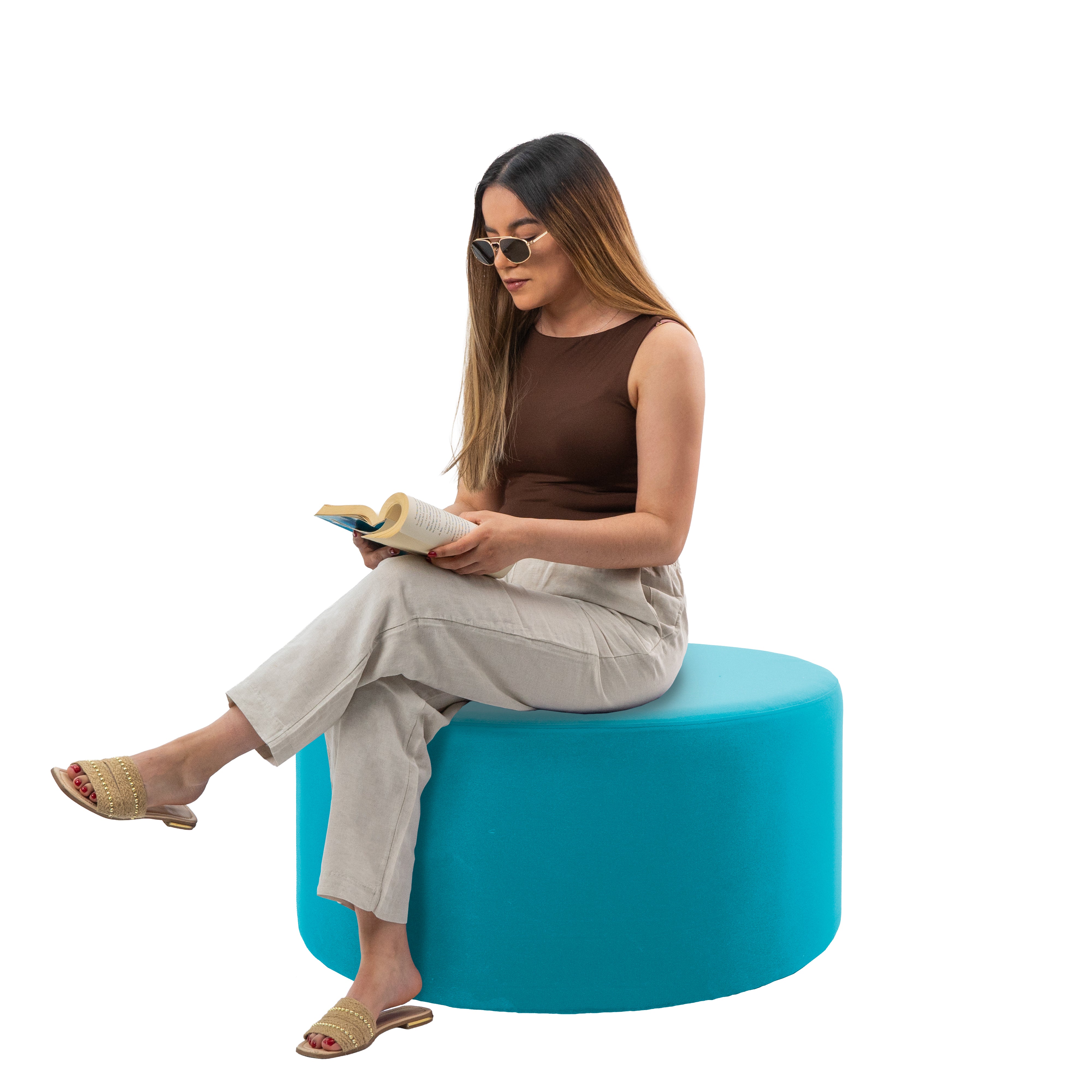 Outdoor 36" Round Ottoman with Sunbrella®, 18" H - Canvas Aruba