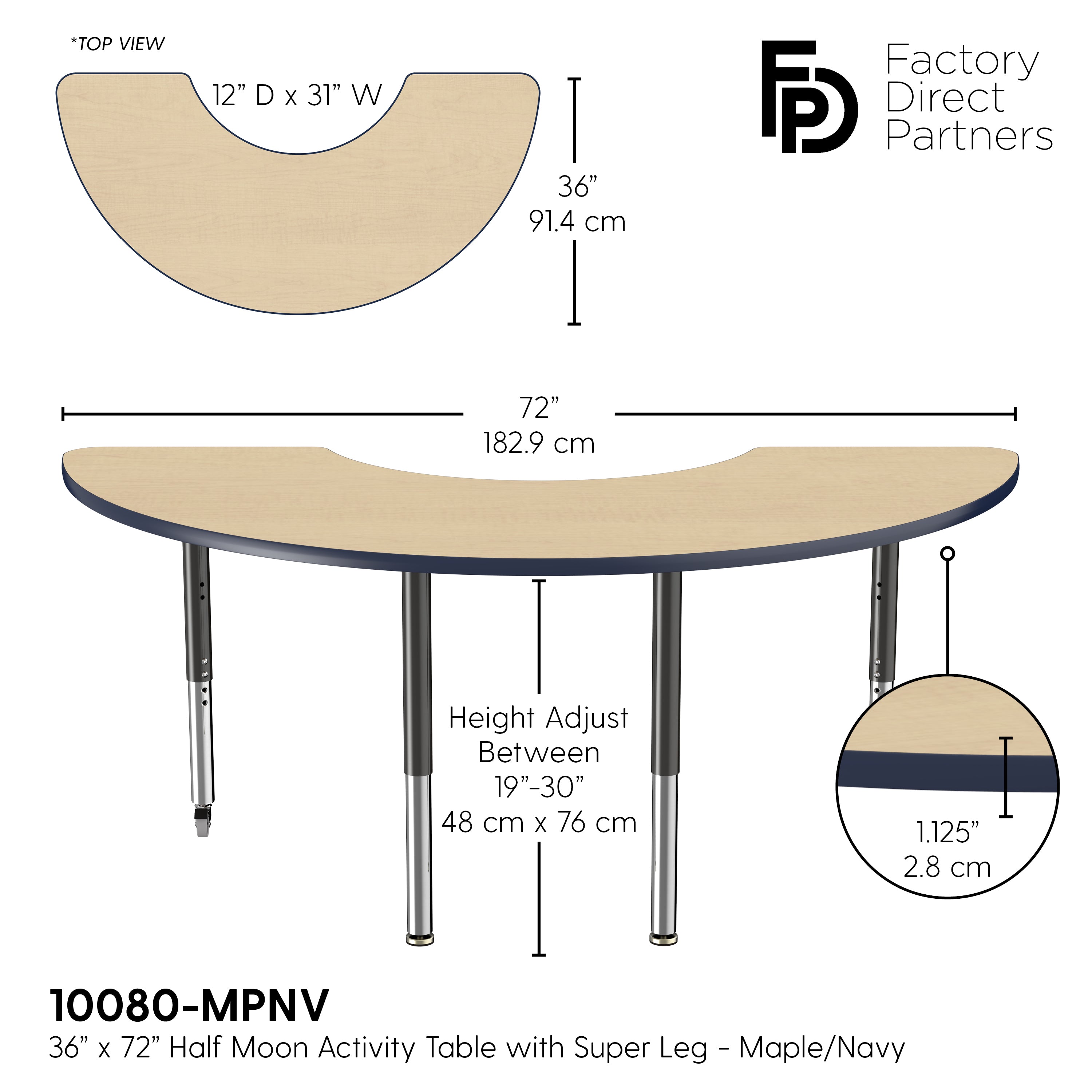 36" x 72" Half Moon T-Molding Activity Table with Adjustable Super Legs - Maple/Navy/Black