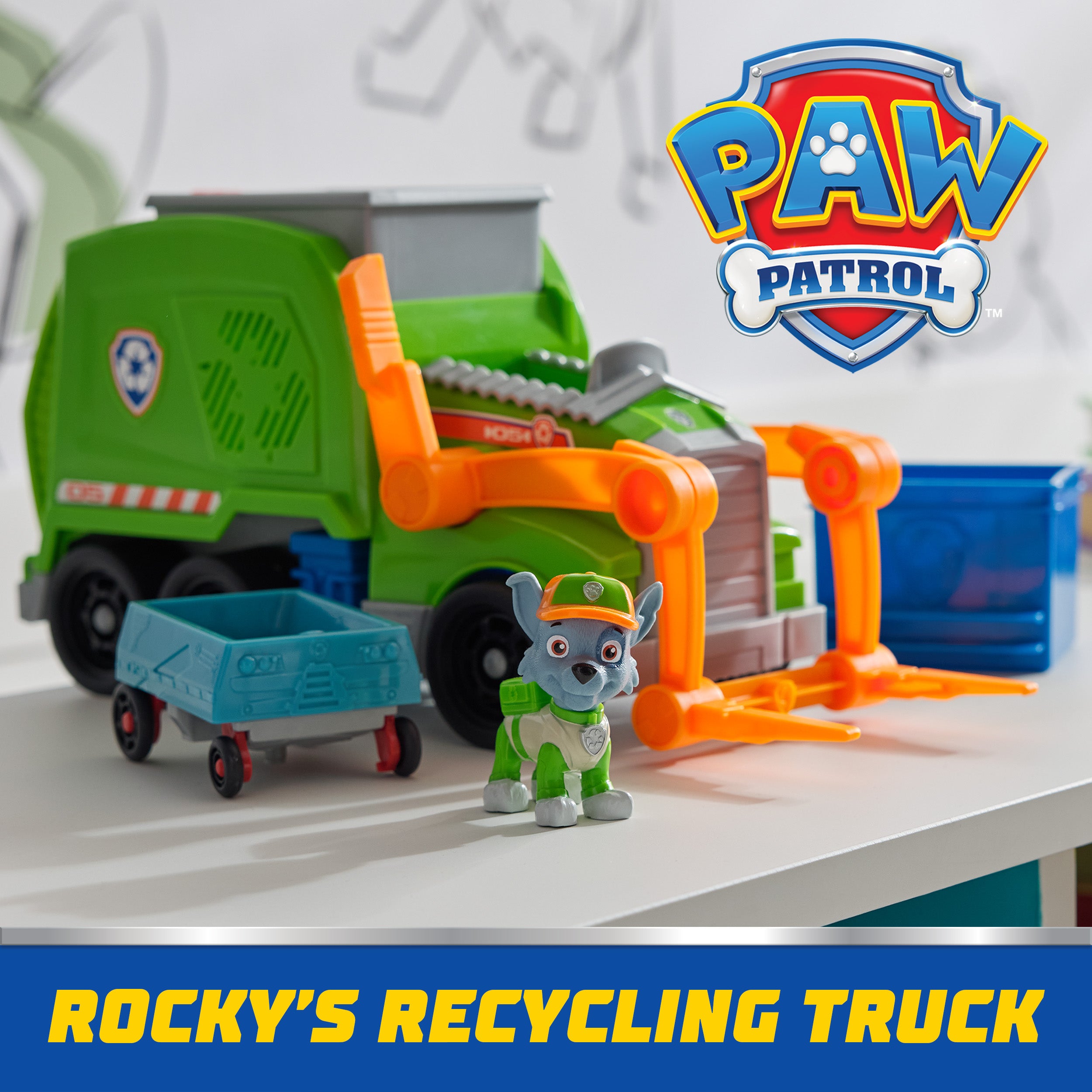 PAW Patrol: Crush N’ Roll Recycling Truck with Rocky Action Figure & Transforming Compacted Trash Vehicle, Kids Toys for Boys & Girls Ages 3 and up