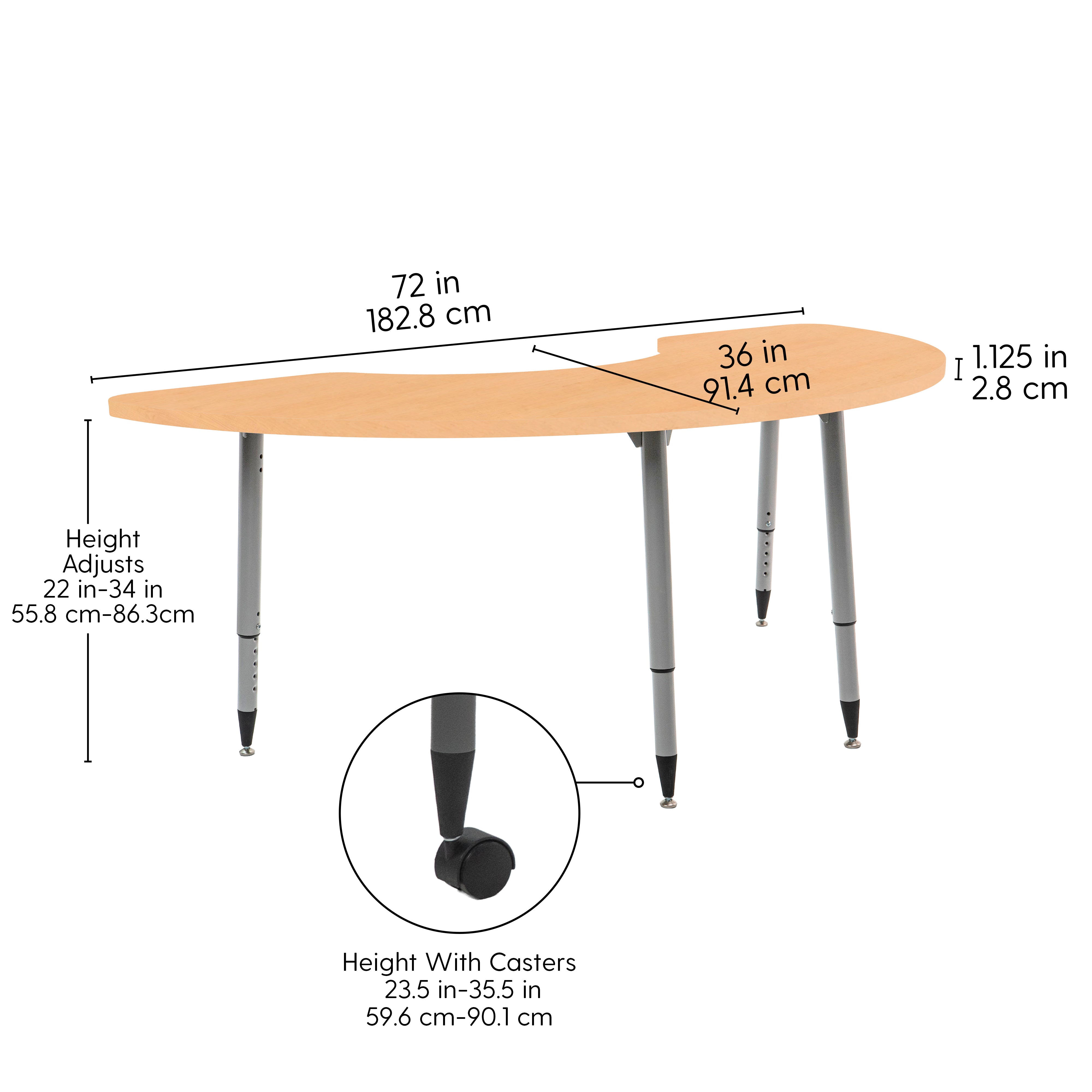 Adapte 36" x 72" Half Moon Woodgrain Activity Table with Adjustable Tapered Legs - Maple Grain/Black