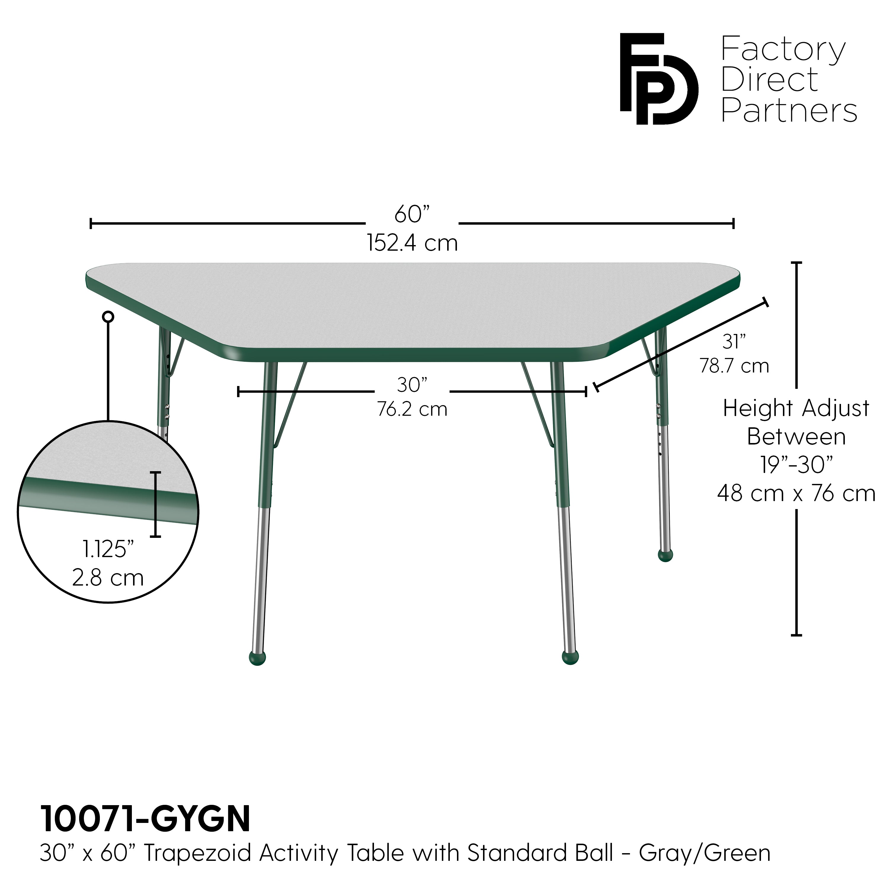 30" x 60" Trapezoid T-Molding Activity Table with Adjustable Standard Ball Glide Legs - Gray/Green