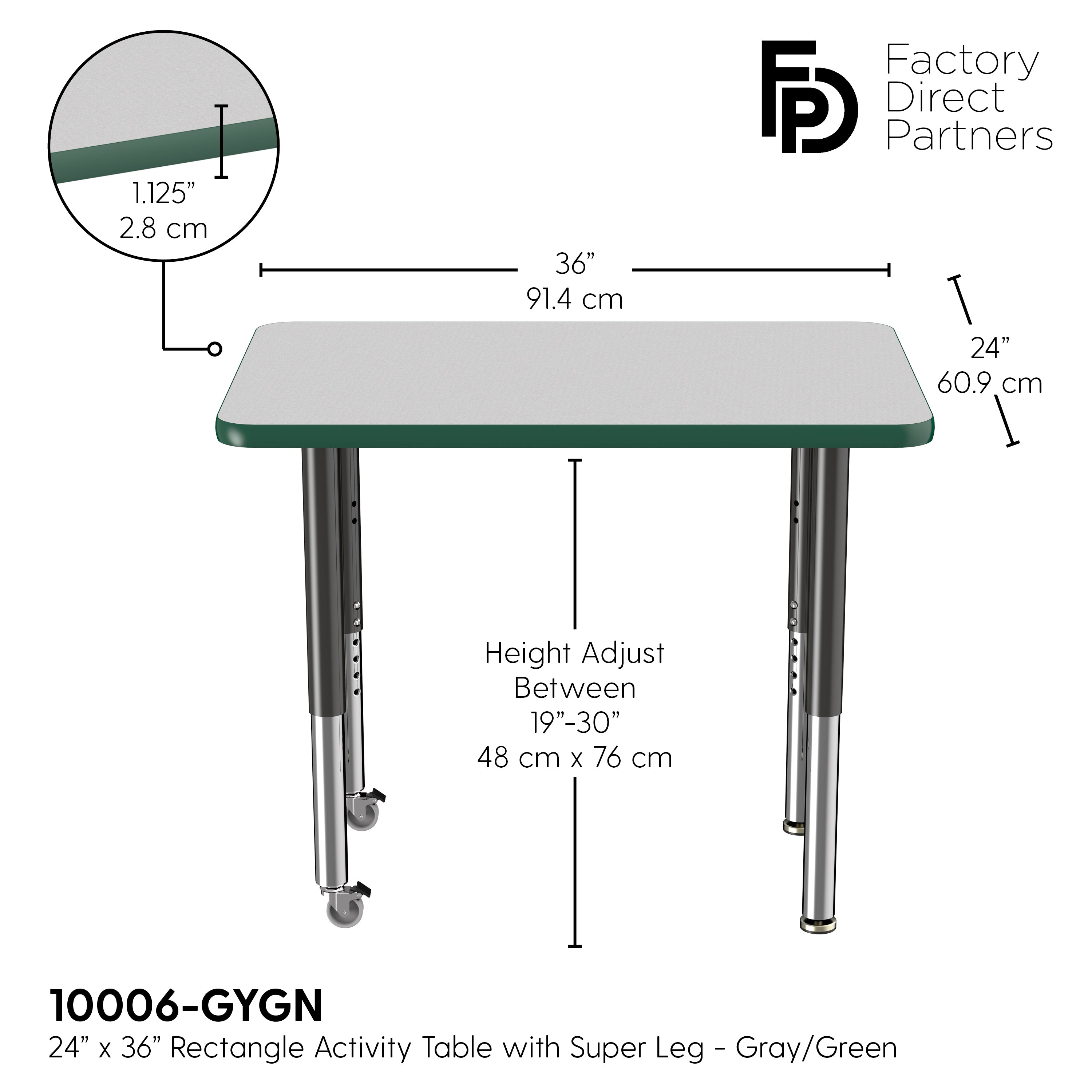 24" x 36" Rectangle T-Molding Activity Table with Adjustable Super Legs - Gray/Green/Black
