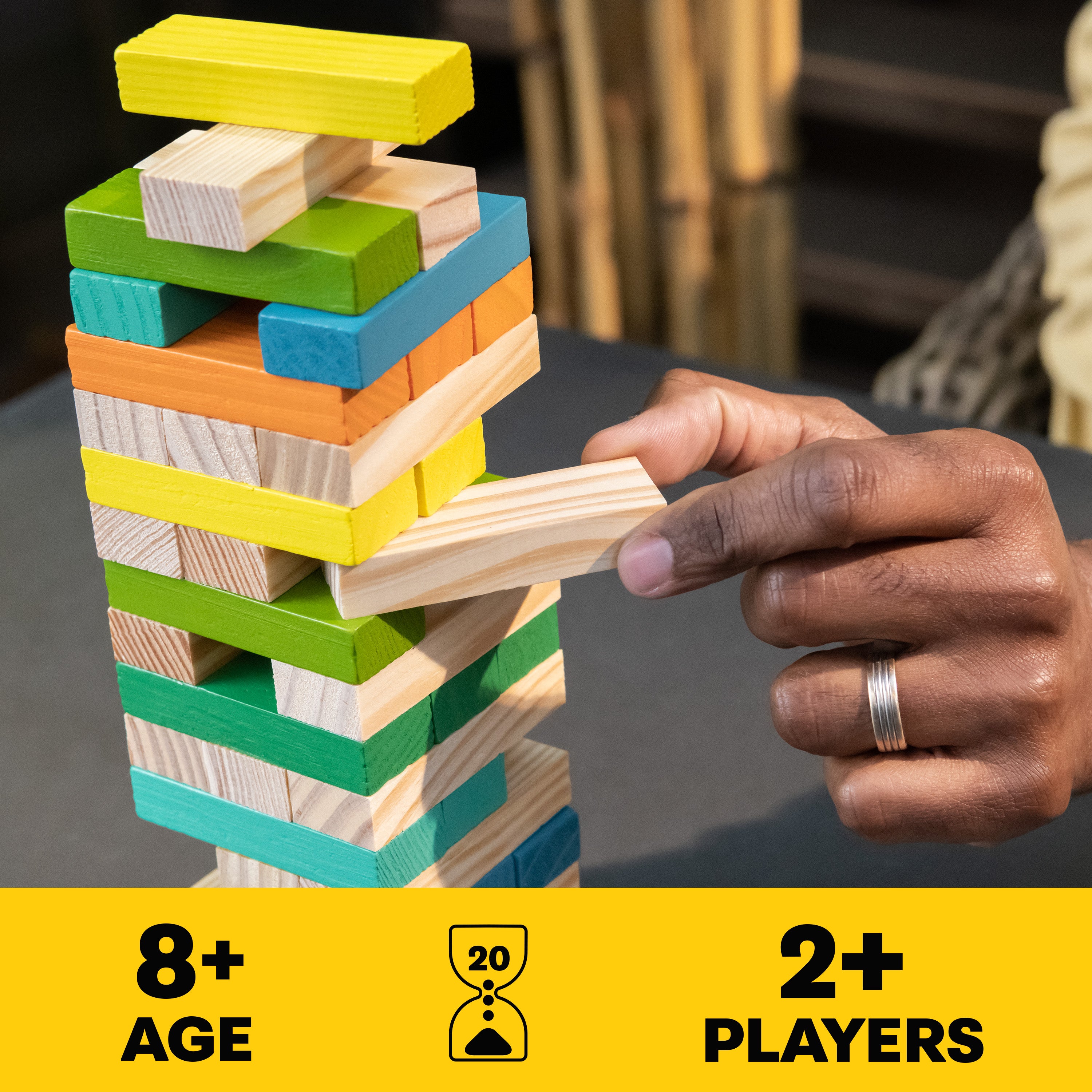 Mindful Classics, Jumbling Tower Sustainable Wooden Blocks Tumbling Toppling Bamboo Wood Party Stacking Game, for Adults and Kids Ages 8 and up